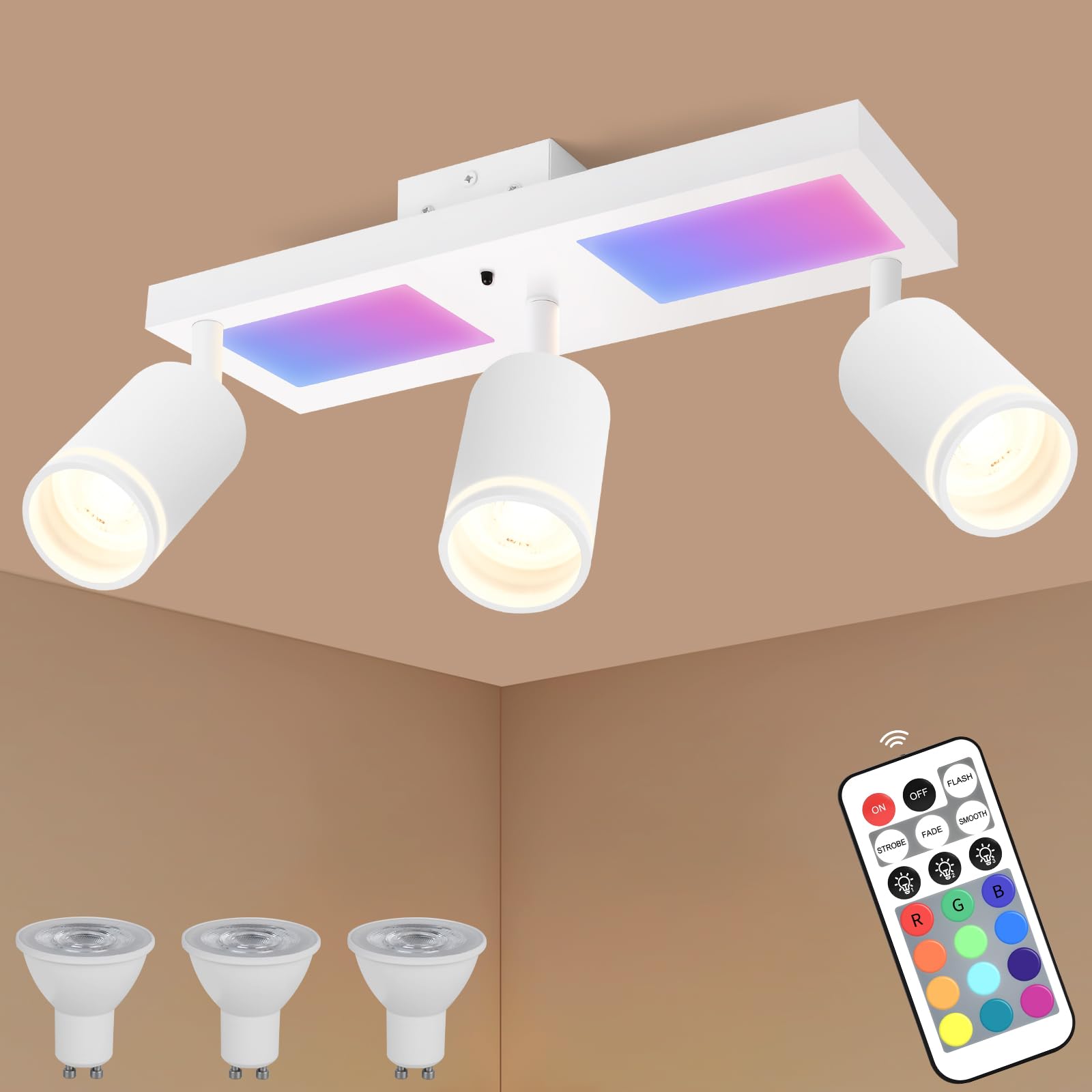 YindaLux LED Ceiling Light 3 Spots Dimmable with Remote Control, RGB 25W 2850LM Ceiling Spotlights GU10 Swivel