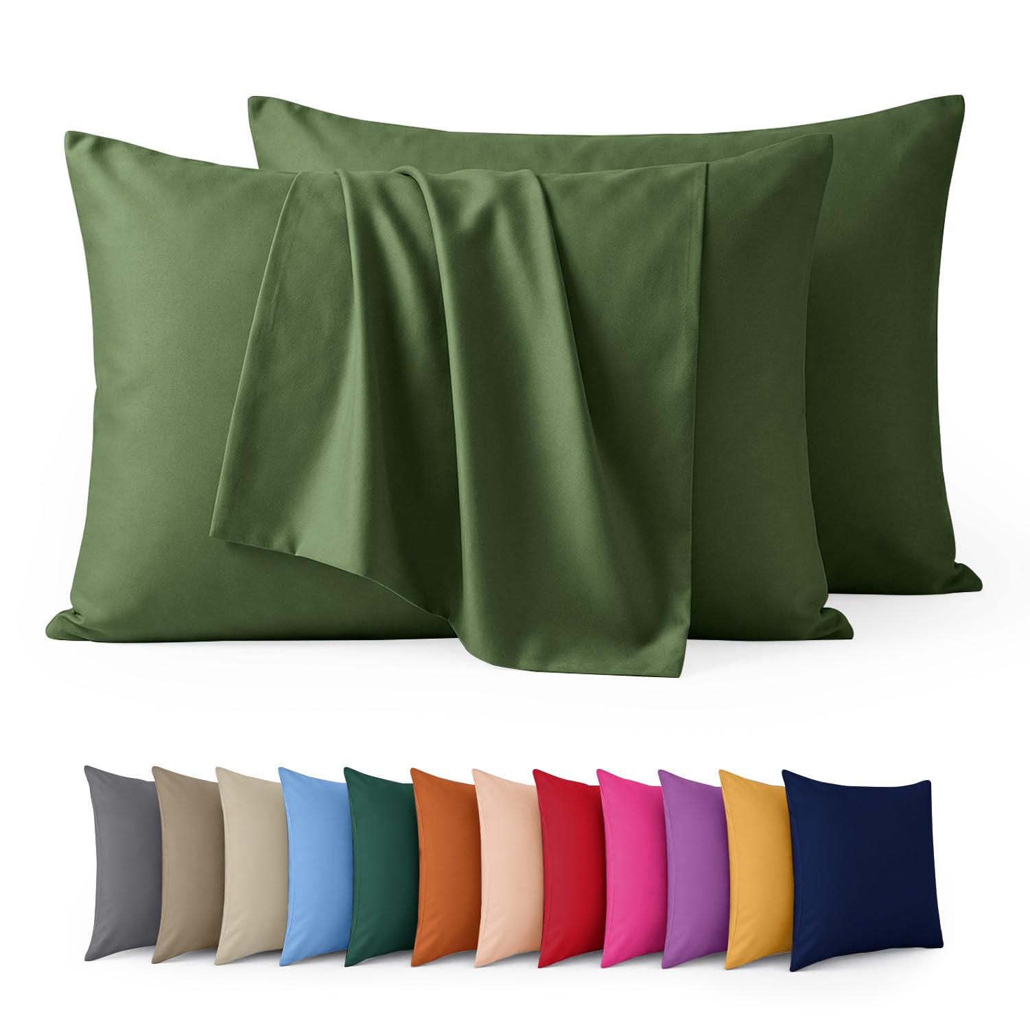 Aspire Homeware Olive Green Pillow Cases 2 Pack – 100% Brushed Microfiber Pillowcases Super Soft Envelope Closure Pillow Cover (50x75cm)