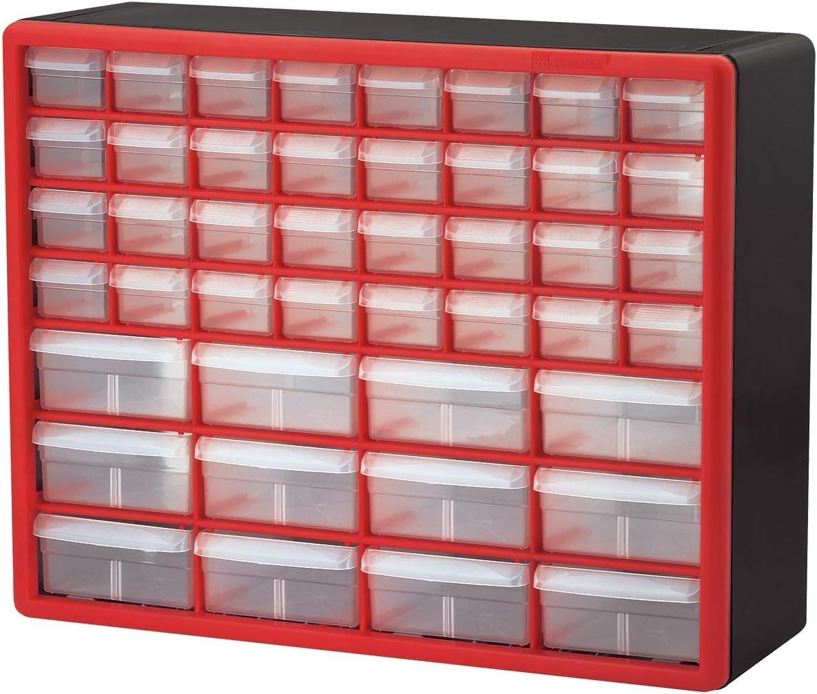 10144 44-Drawer Plastic Drawer Storage Cabinet for Garage Organization, Lego Storage, Teacher Toolbox, Makeup Organizer, and More, 50.8 cm W x 15.24 cm D x 40.64 cm H, Red