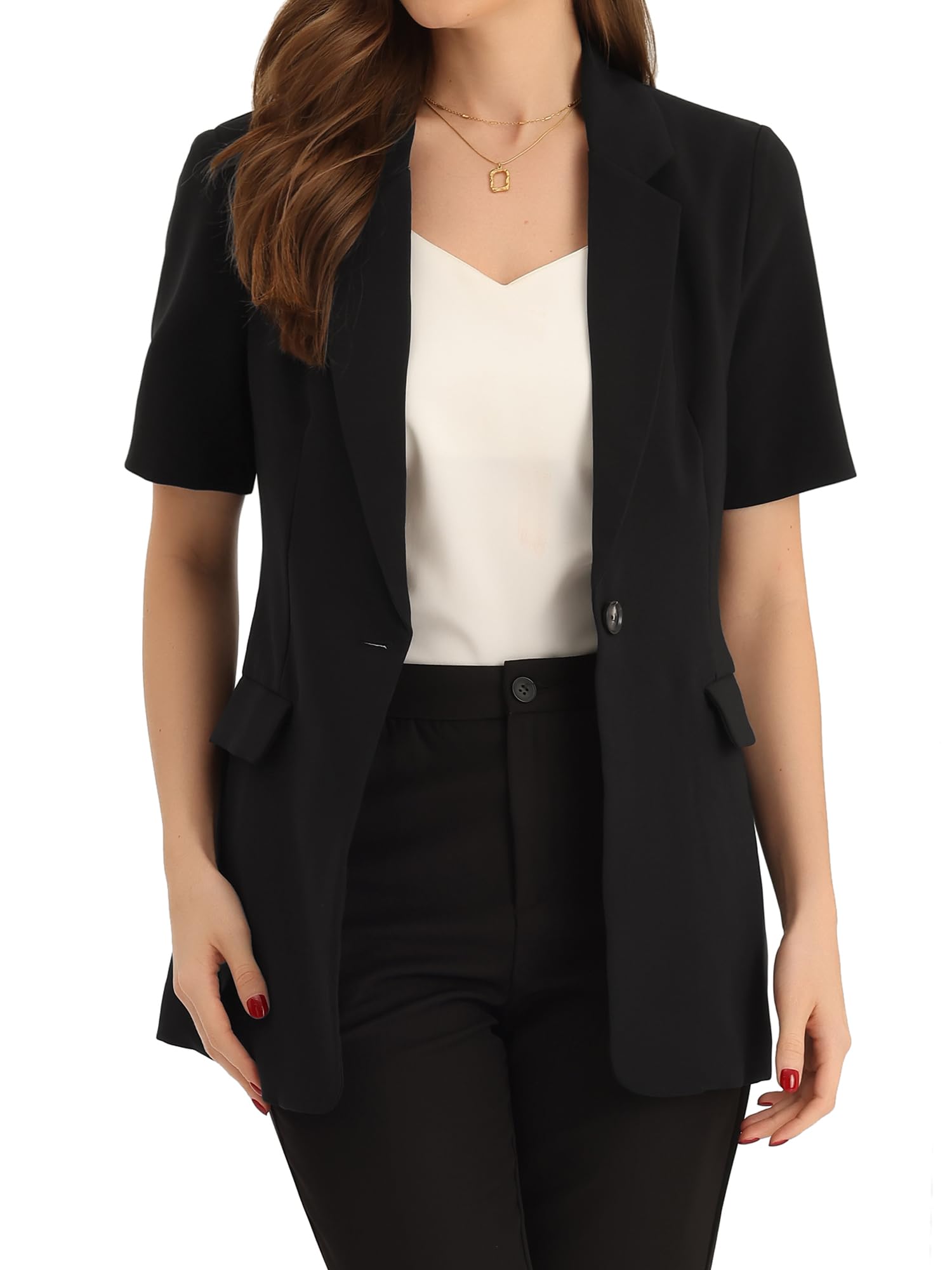 Allegra K Donna Blazer con Risvolto A Maniche Corte Abbottonato da Lavoro Aperto sul Davanti con Tasche