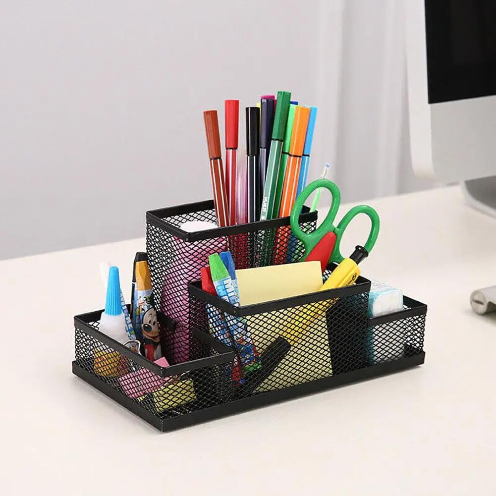 UCRAVO 1pcs Mesh Pen Pencil Holder with Post It Note Holders Desk Organizer, 4 Compartment Wire Desktop Pen Pencil Cup Office Supplies Accessories for Home Office School, Black, Stationery