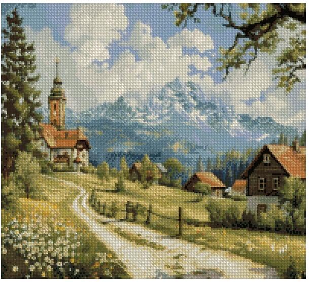 Kit broderie point de croix compté paysage campagne sans erreur grille lisible