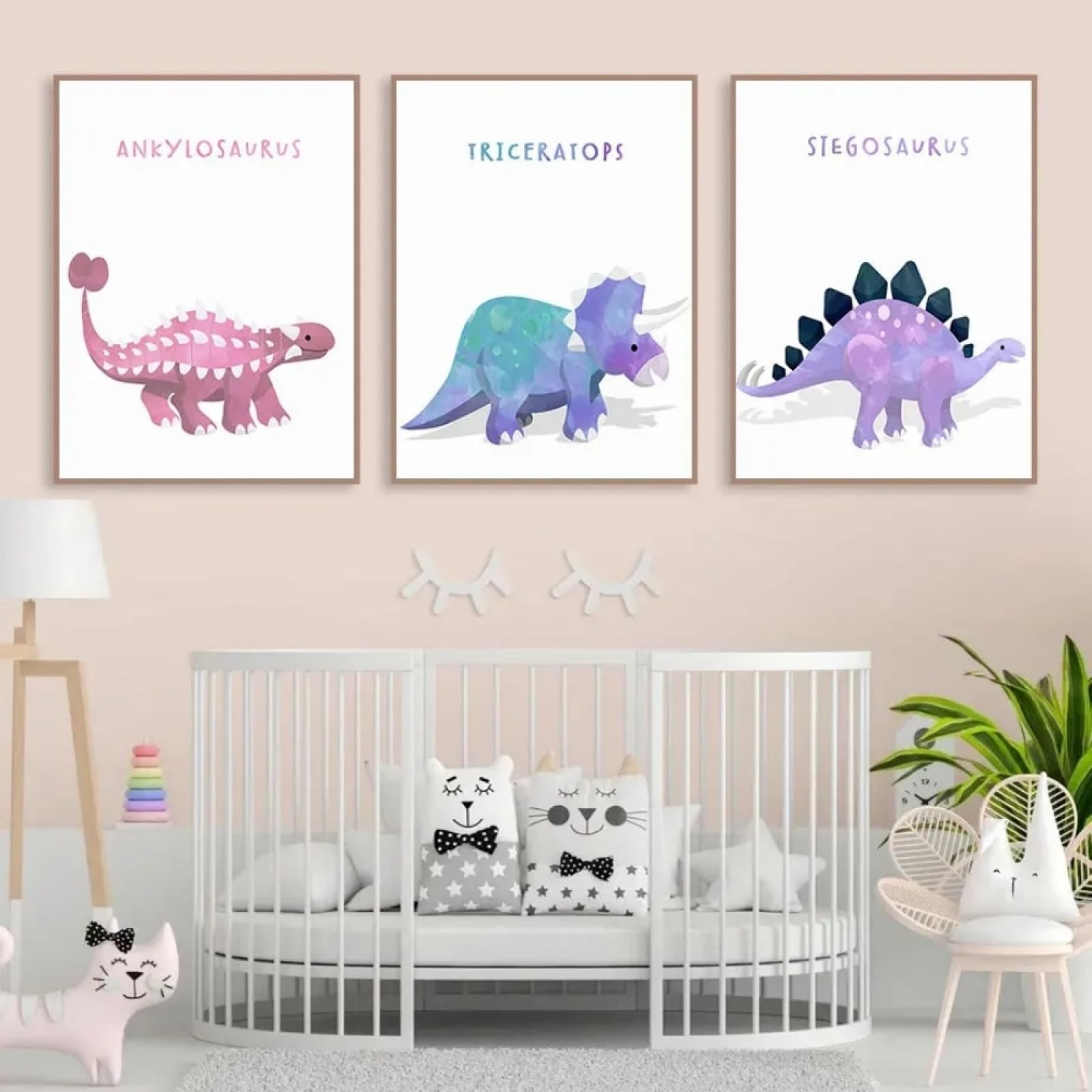 HURCP Set Of 3 Nursery Dinosaur Prints Lovely Dinosaur Girl Room Wall Art Pink Purple Teal Canvas Painting Living Room Bedroom Modern Home Decor Gift For Child,A3 (30X42CM)