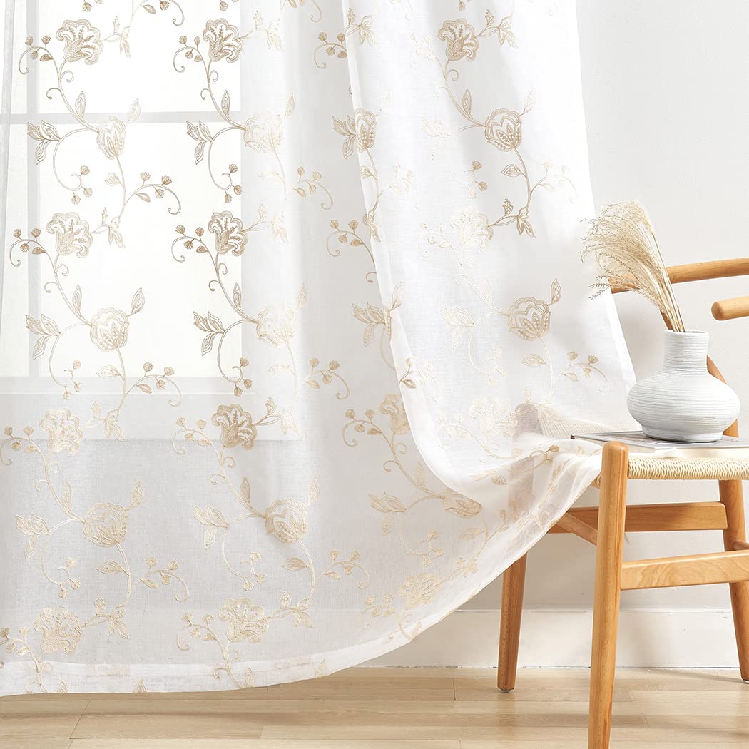 Sheer Curtains Floral Embroidery Beige 84 Inch Long Rod Pocket Lace Drapes for Living room, Bedroom, 2 Panels, 52"x84", Semi Voile Pattern Outdoor