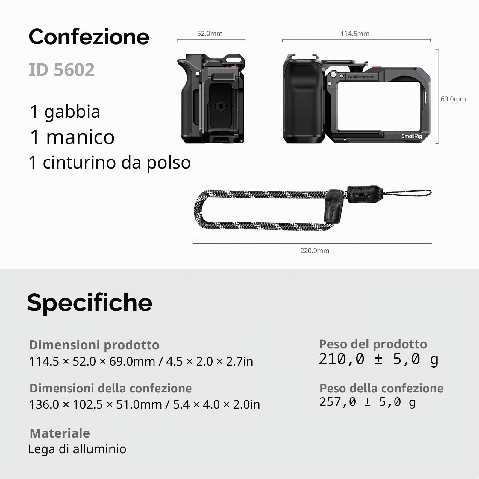SmallRig Kit impugnatura per DJI Osmo Action 5 Pro / 4/3 con gabbia, impugnatura per fotografia di strada, sgancio rapido, pulsante di scatto, attacco a slitta, cinturino da polso - 5602