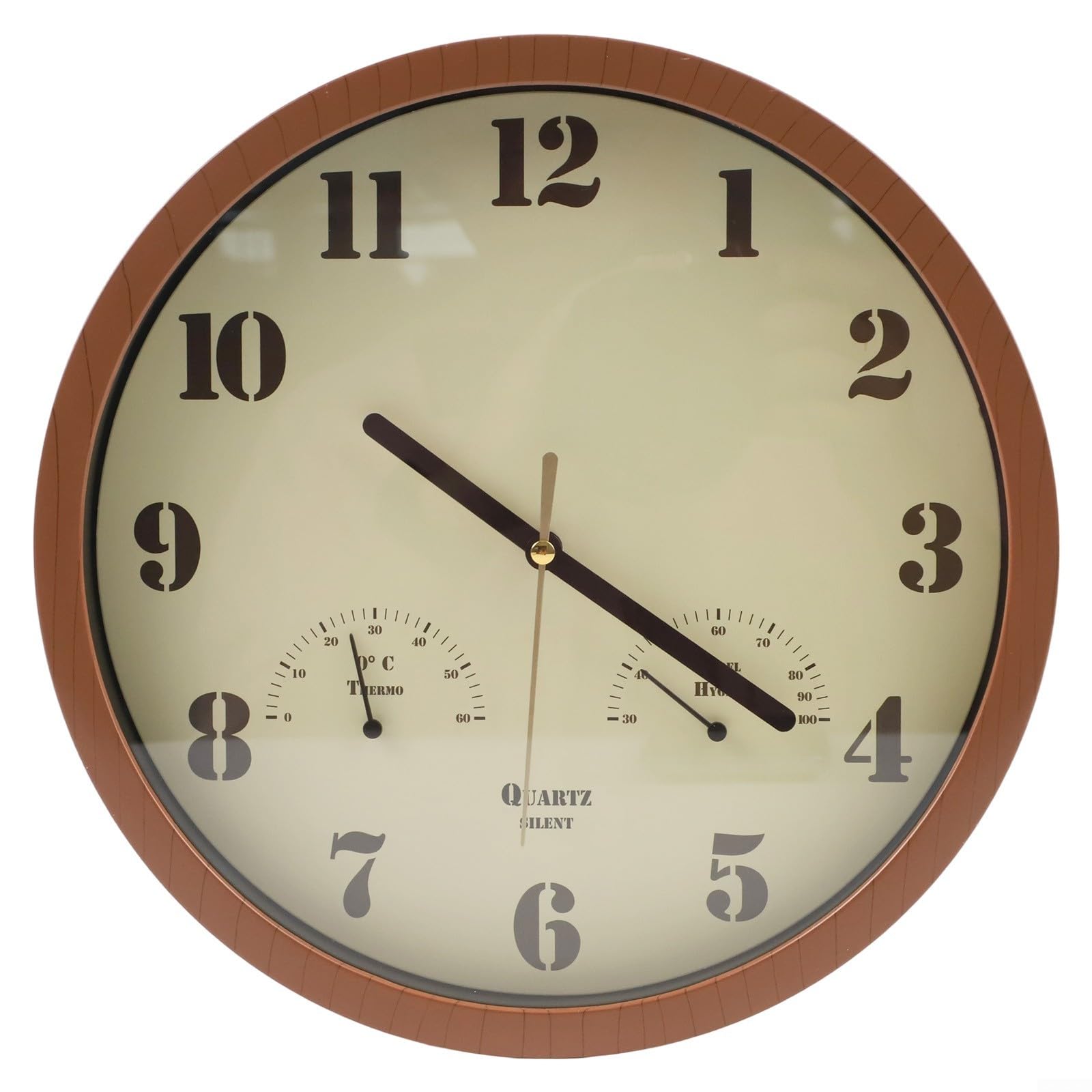 Reloj resistente a la intemperie para patio con termómetro analógico e higrómetro, movimiento de cuarzo silencioso, apto para uso en interiores en cocina o Lanai (marrón oscuro)