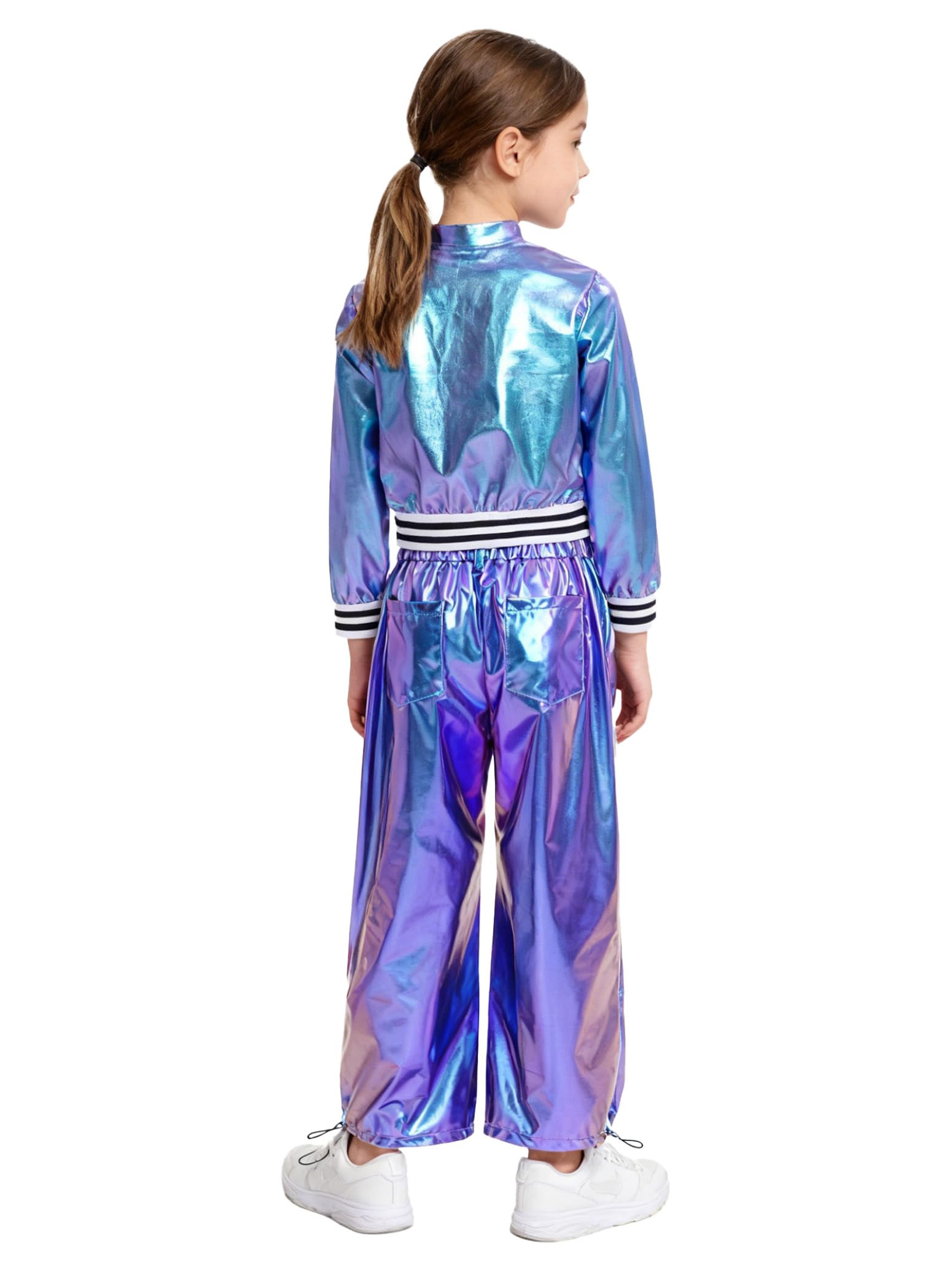 inlzdz Conjunto Brillante De Baile Moderno Jazz para Niñas Abrigo Metálico + Pantalones De Chándal Cintura Alta Ropa De Baile Años 90