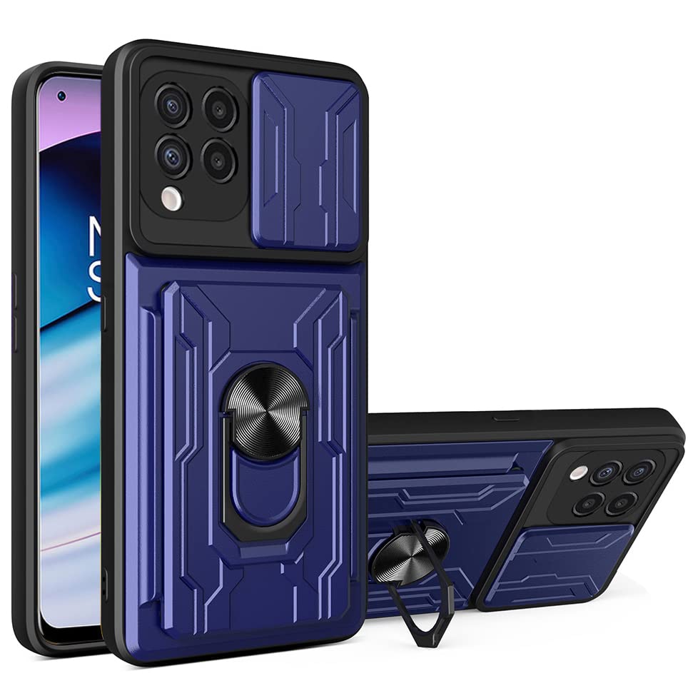 CCSmall for Samsung Galaxy M53 Case with Card Holder, Heavy Duty Protection Phone Case with Magnetic Ring Kickstand Slide Camera Cover for Samsung Galaxy M53 LJK Blue