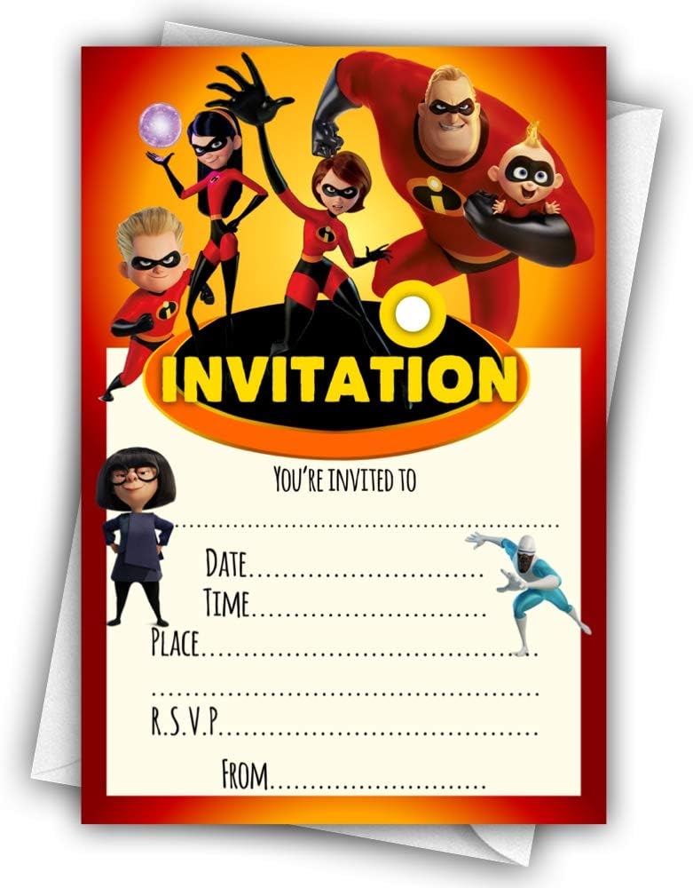 Glossy Party Invitations Cards inspired by Incredibles 2 with Envelopes, dress party children, super party idea, superhero theme, comic, comix birthday