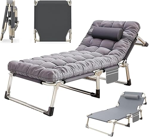 SKYXIU Sillón plegable de 5 posiciones, tumbona portátil para exteriores, cama de campamento para adultos con colchón y reposacabezas para piscina,