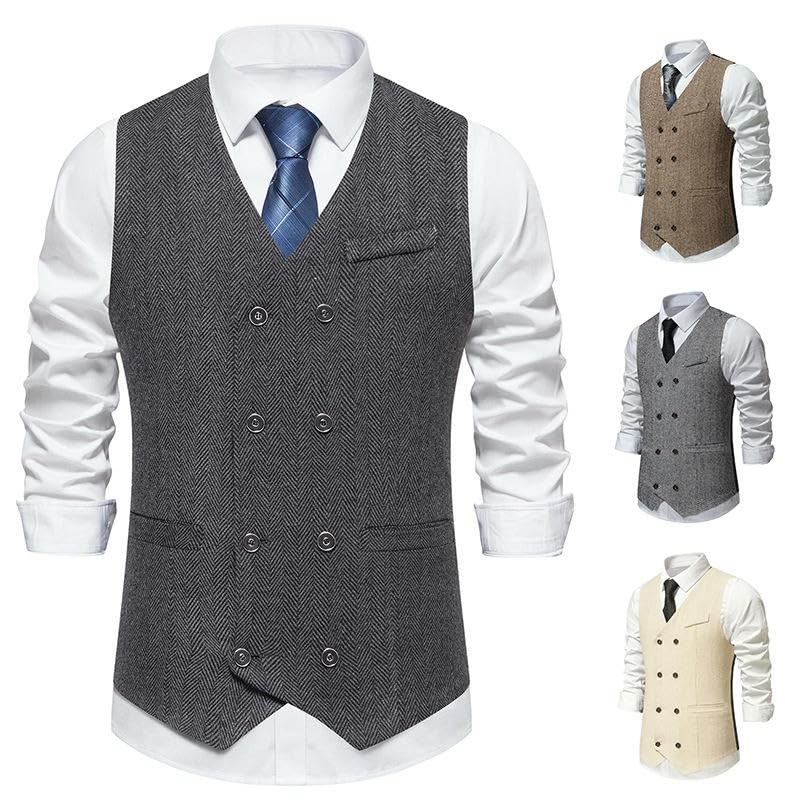 Men’s Double Breasted Tweed Suit Vest Herringbone Vintage Waistcoat for Wedding Business Party Fall or Winter Outfit2