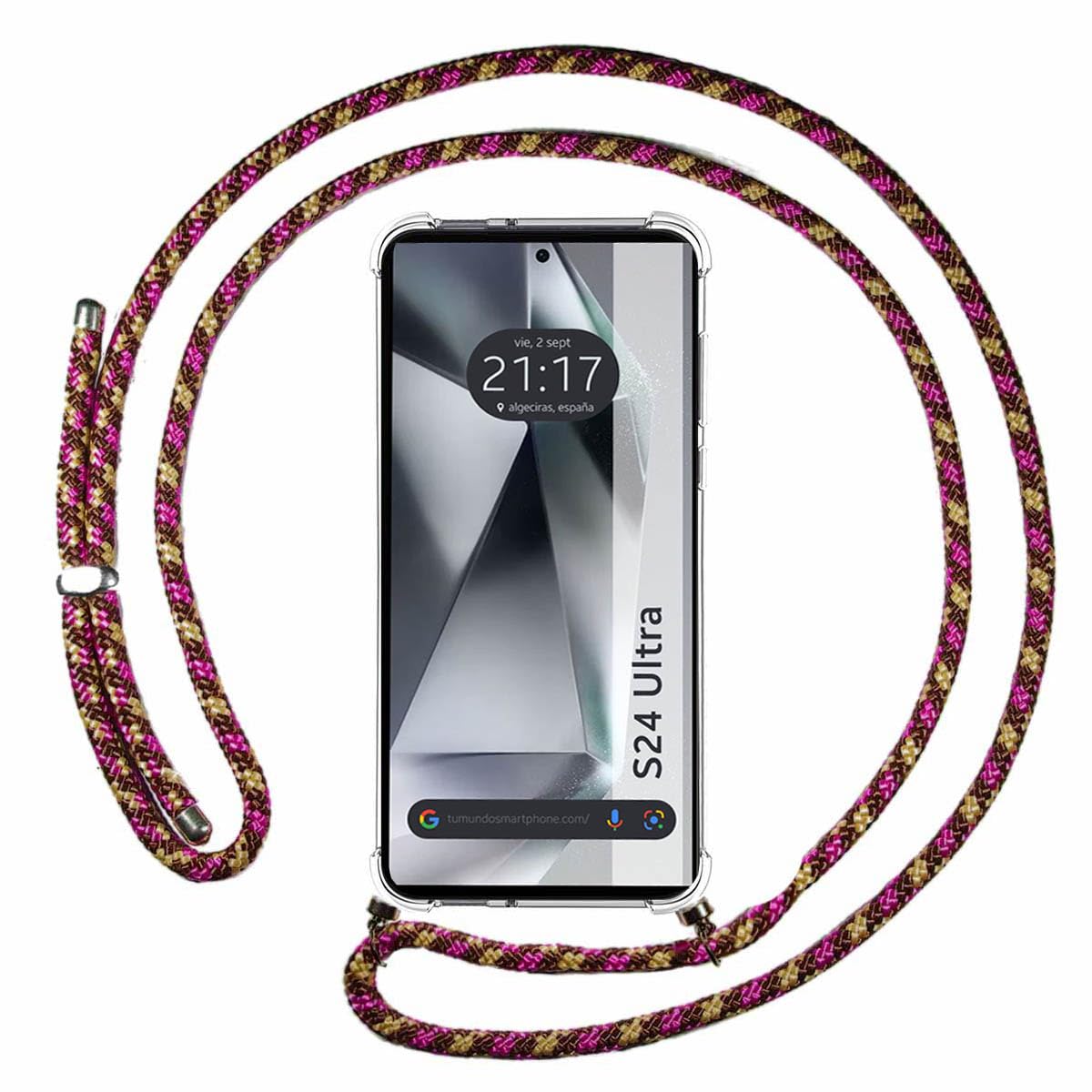 Tumundosmartphone Transparent Hanging Case for Samsung Galaxy S24 Ultra 5G with Pink/Gold Cord