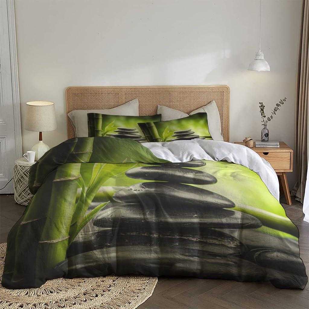 NIBAINLO 布団カバー禅石 竹の葉 肌に優しい ピーチスキン加工 掛け布団カバー 和式 洋式 あったか 布団カバーセット リバーシブル ホームステイ ホテル 家庭兼用