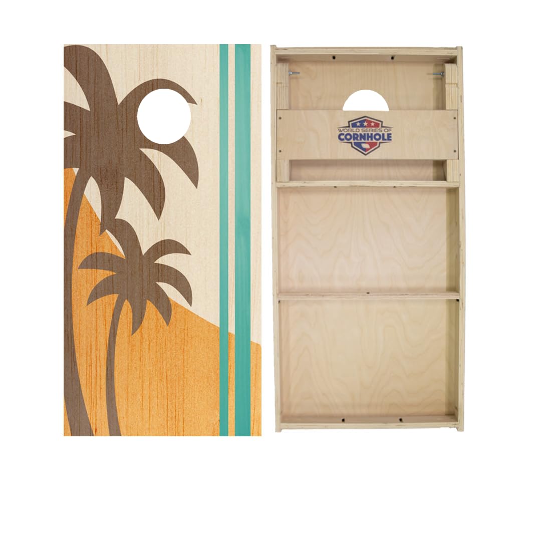 Skip's Garage Palms Surf Board Cornhole Boards - WSOC Runway Series - Includes (2) Boards (Resin Bags) + (1) Case & (2) Edge Lights