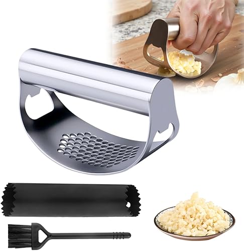 Balancín de prensa de ajo, picadora de ajo de acero inoxidable 2025 con pelador, fácil de limpiar, para cocineros caseros, chefs, ideal para picar