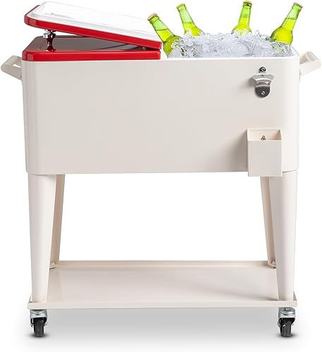 Miniatura 7 de Enfriador de bebidas con ruedas de 80 cuartos de galón, carrito portátil de bar para fiestas de patio, con estante y abridor de botellas