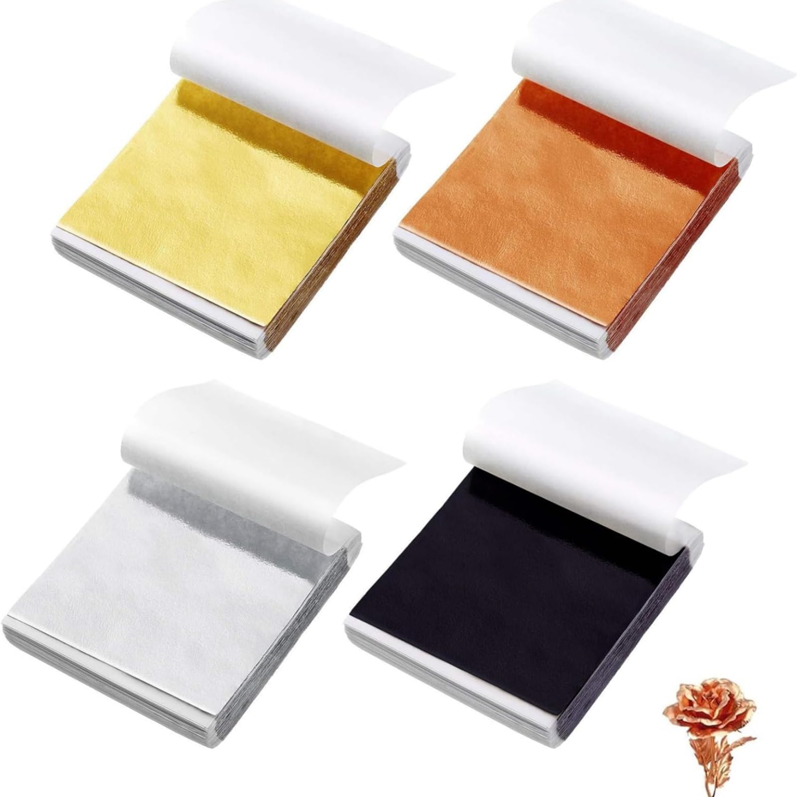 Utsukusy Oro - Kit de Foil Metálico en hojas de papel dorado, rosa, plata y negro para Manualidades, Artesanía y Decoración - 400 Hojas (9x9cm)