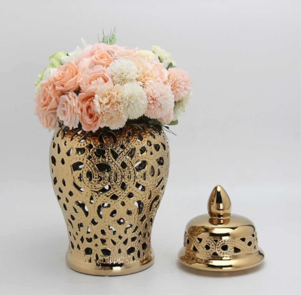 Food Storage Jar,Decorative Jar Ginger Jar Vase Decor Classical Ceramic Hollow Out Ginger Jar Storage Jar With Lid Vase Home Decor Temple Jars Tea Storage Jar Ginger Jars S,Gold-23.5*46Cm