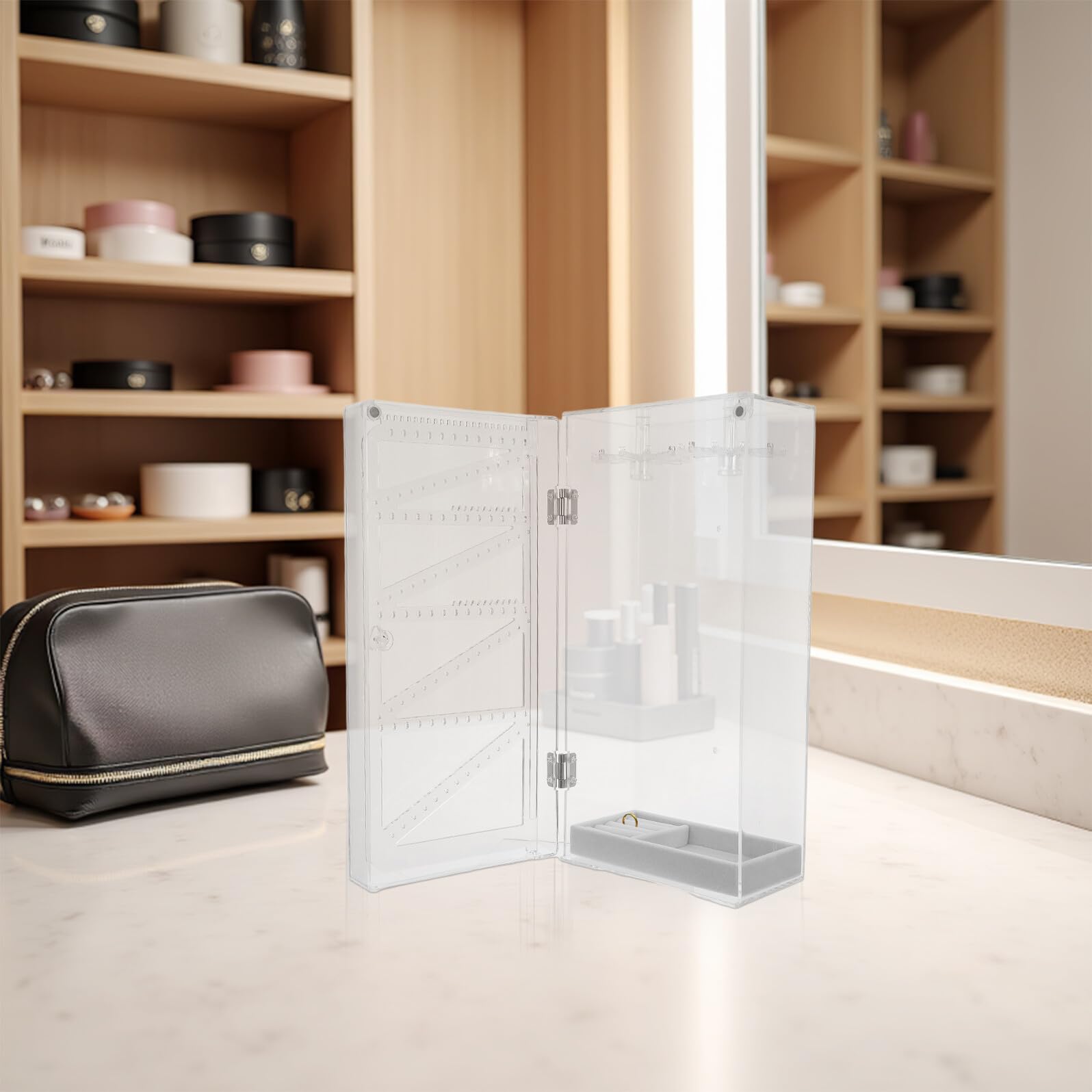 TOYANDONA Estuche Organizador Transparente para Collares Largos con Soporte Giratorio y Bandeja de Terciopelo para Joyas Expositor Antinudos Multifuncional para Pulseras y Anillos
