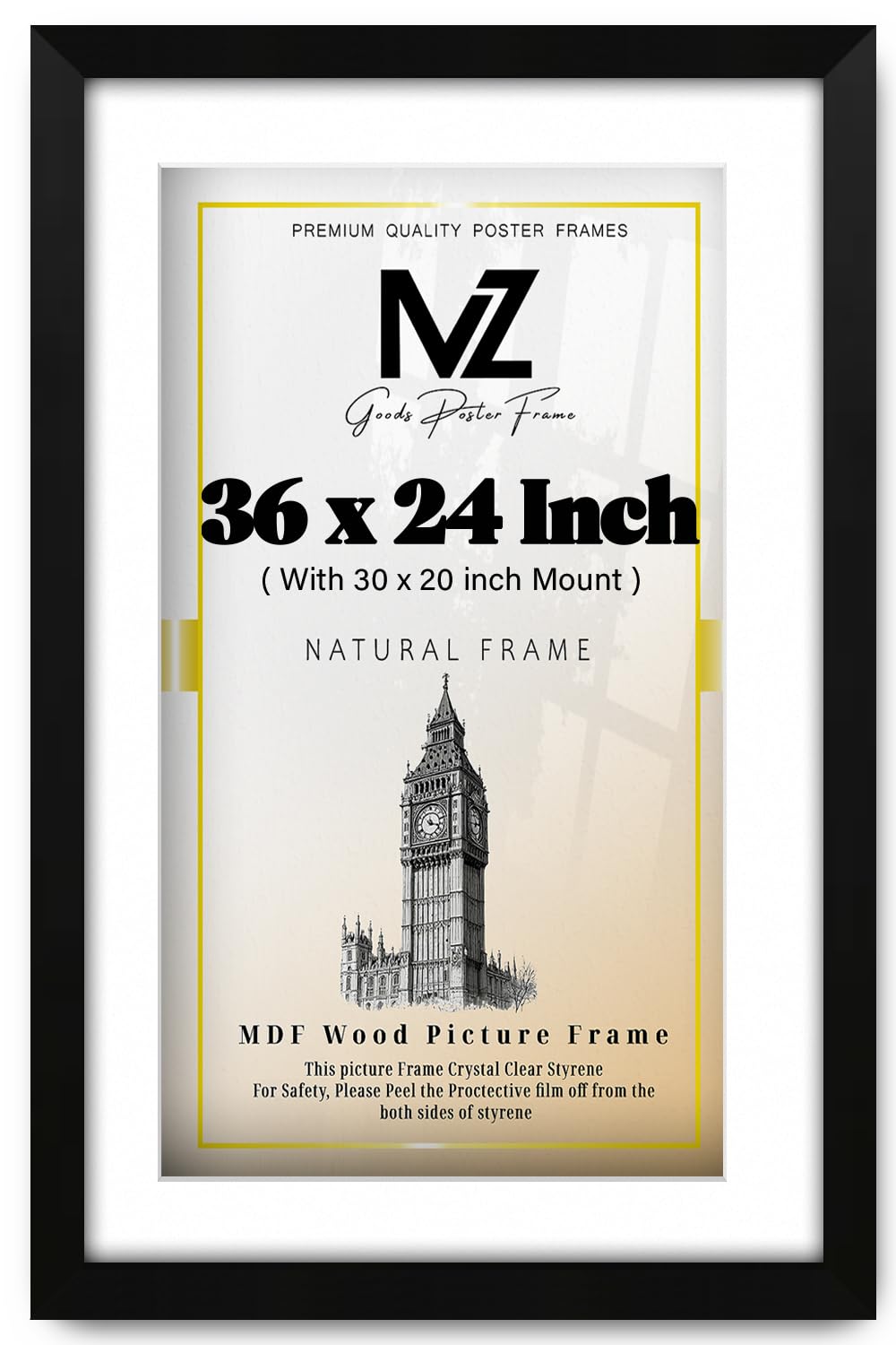 Mz Goods Matt Black | Poster Frame 3' 0" X 2' 0" 36" X 24" With (30 X 20 Inch) White Mount Handmade For Room Décor (91.44 X 60.96 Cm) [ ]
