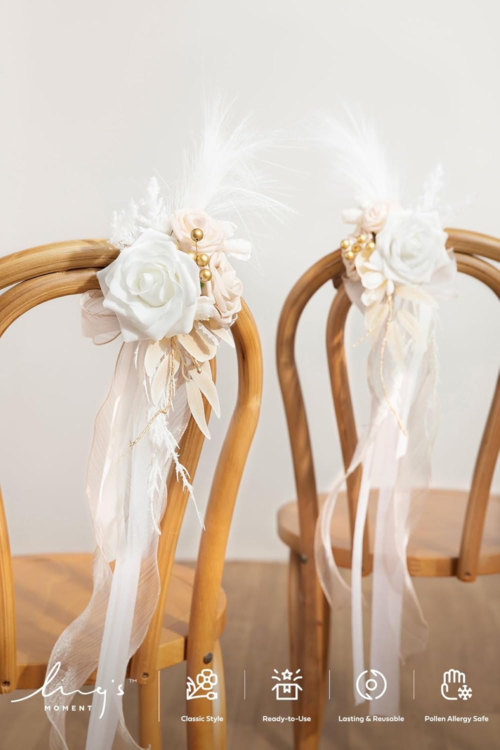 Ling's moment 8pcs Wedding Artificial Aisle Pew Flowers Chair Decorations Arrangements with Chiffon Ribbons Boho White Beige for Ceremony Chair Back Floral Decor Reception Church Party Outdoor
