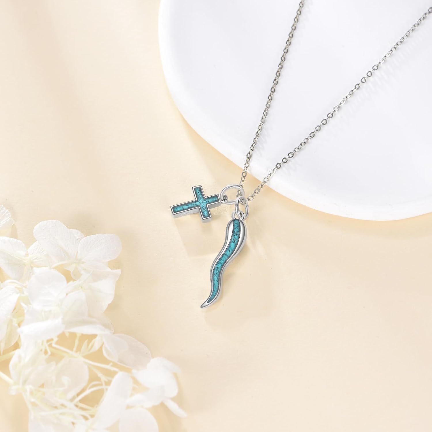 Turquoise Italian Horn Necklace S925 Sterling Silver Good Luck Protection Pendant Necklaces Amulet Italian Horn Jewelry Gift for Women - Image 3