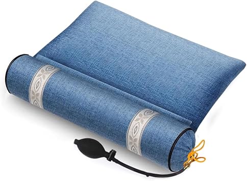 Cylindrical Buckwheat Hull Pillow, Cervical Support Pillow, Inflatable Adjustable Pillow, with Removable Cover, for Any Sleeping Position,[b] Blue