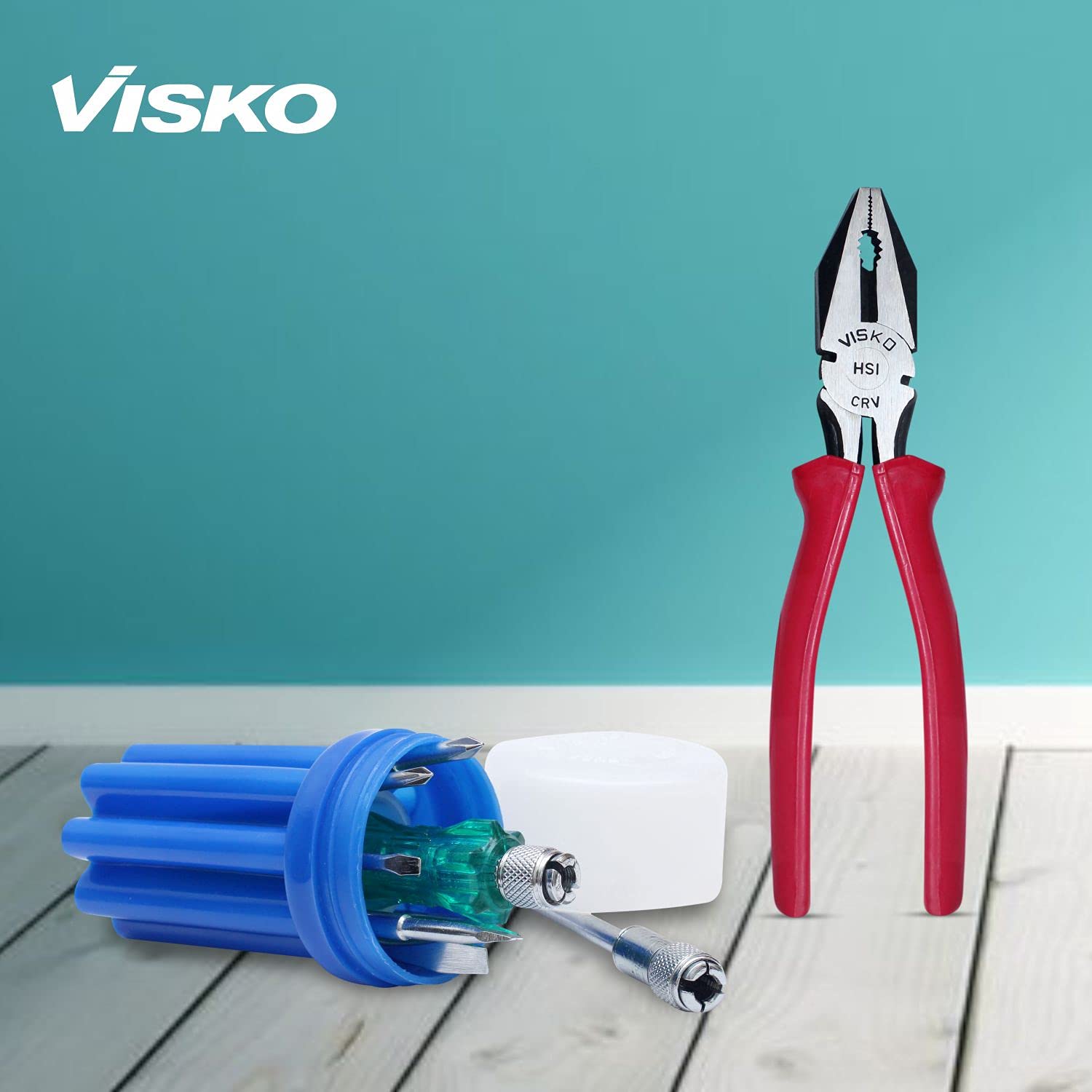 Visko Tools 810 Home Tools Kit with 8 Blades Combination Screwdriver Set with Tester | Blue and White | 9-Pieces | and 8-Inch CRV Plier | Code 111 & 259 | Used for Electrical Appliances | 4