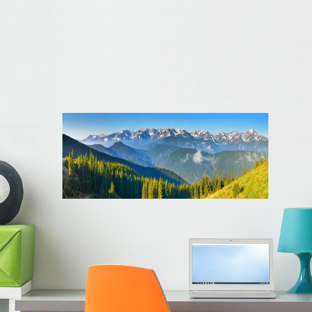 Wallmonkeys WM361399 Morning View of Spring Forest and Mountains with Snow Peel and Stick Wall Decals, 24" W x 10" H-Medium