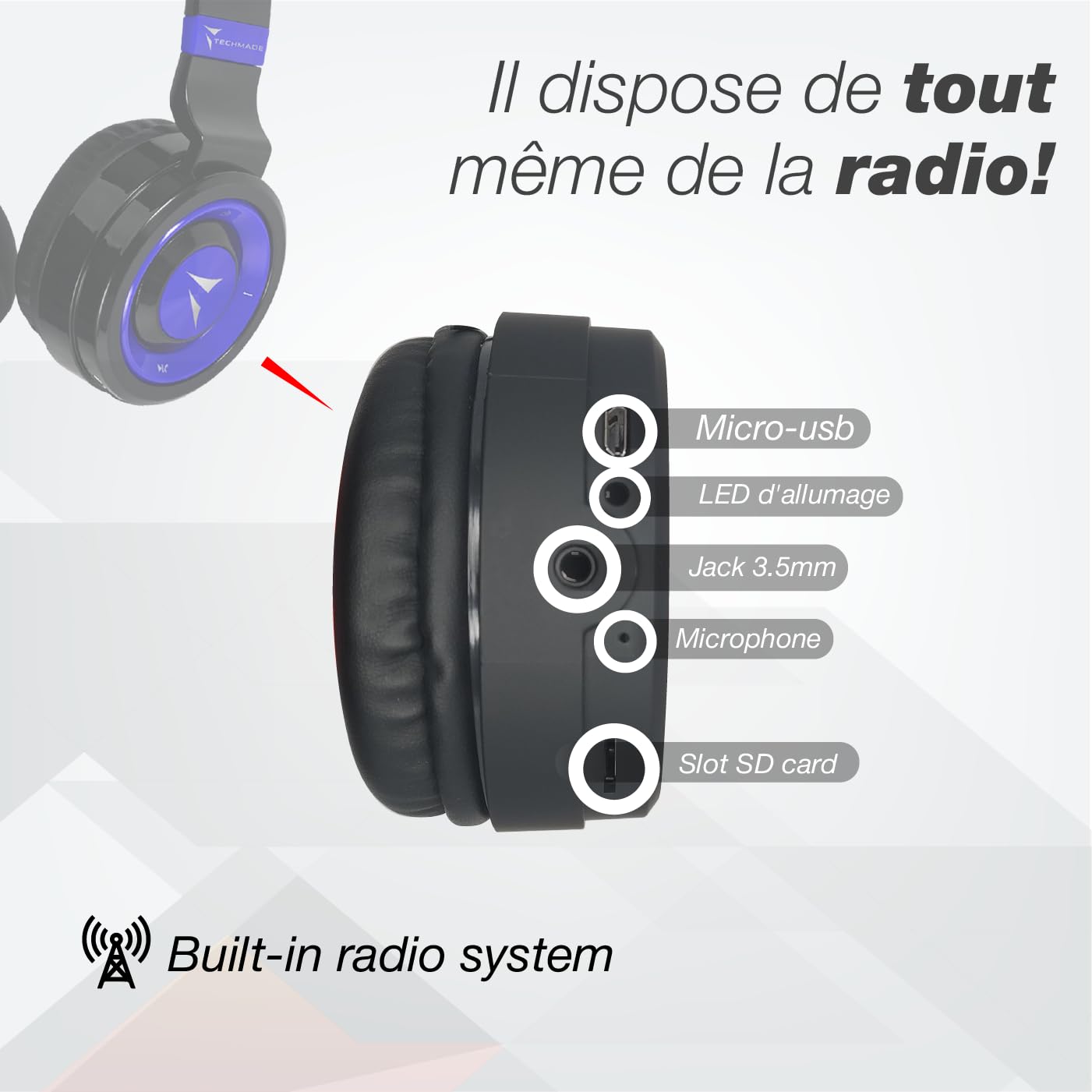Casque Audio Bluetooth TECHMADE AC Milan - Sans Fil Pliable Micro FM Radio