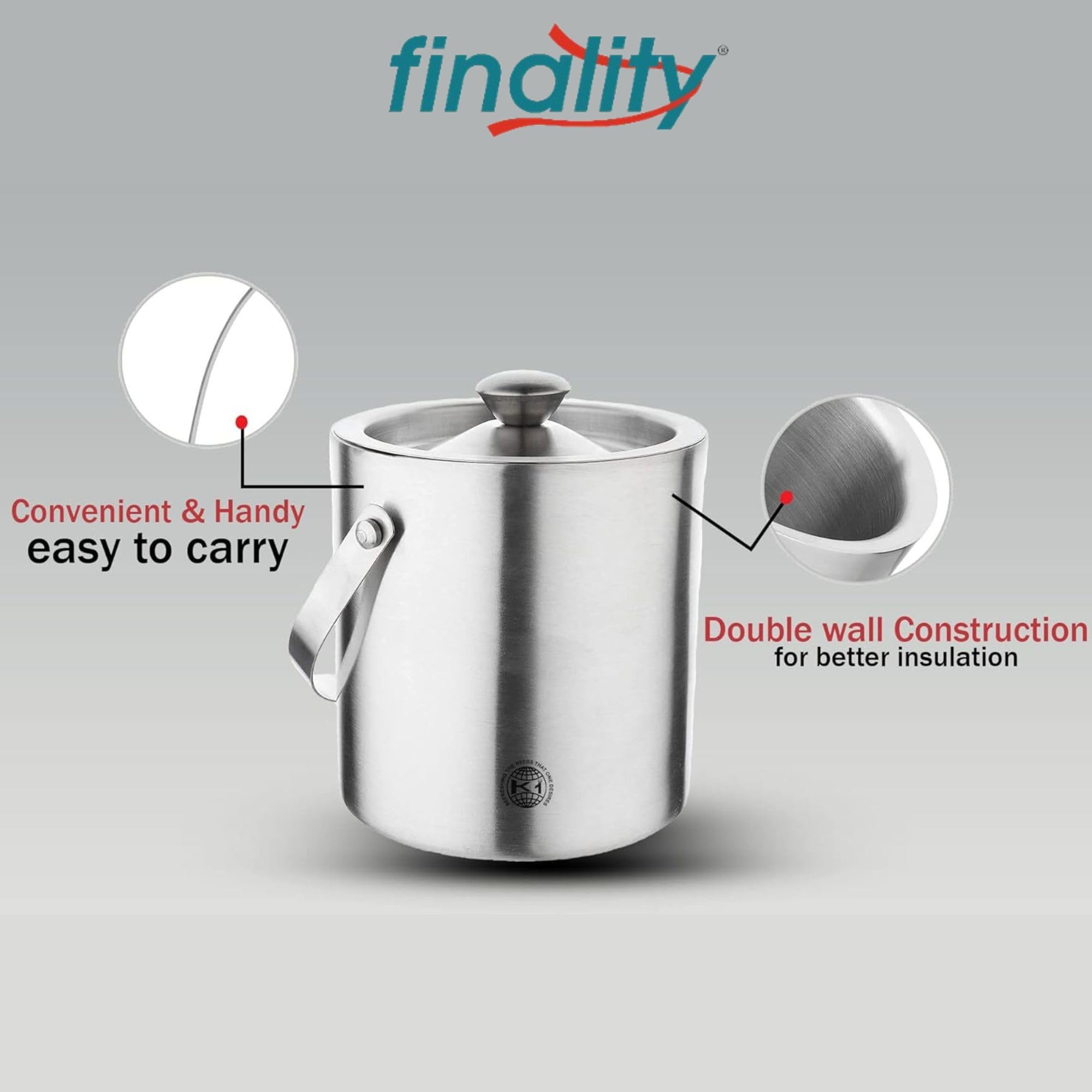 finality Stainless Steel Double Walled Insulated Ice Bucket with Lid with Tong and V Peg Measure, 1 Liter - Image 4 thumbnail