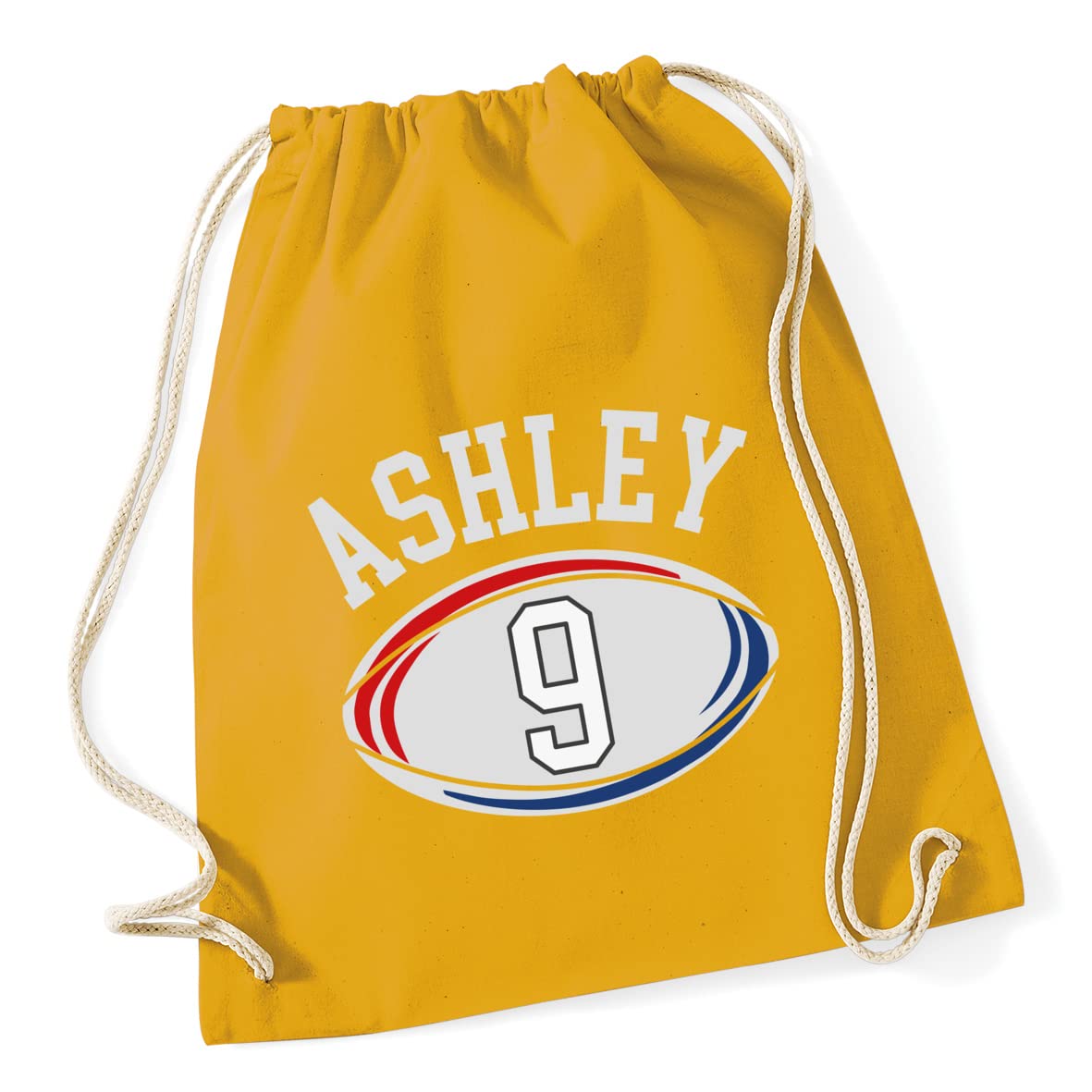 Hippowarehouse Personalised UK Rugby Ball Name with Number Drawstring Cotton School Gym Bag 37cm x 46cm, 12 litres — image 1