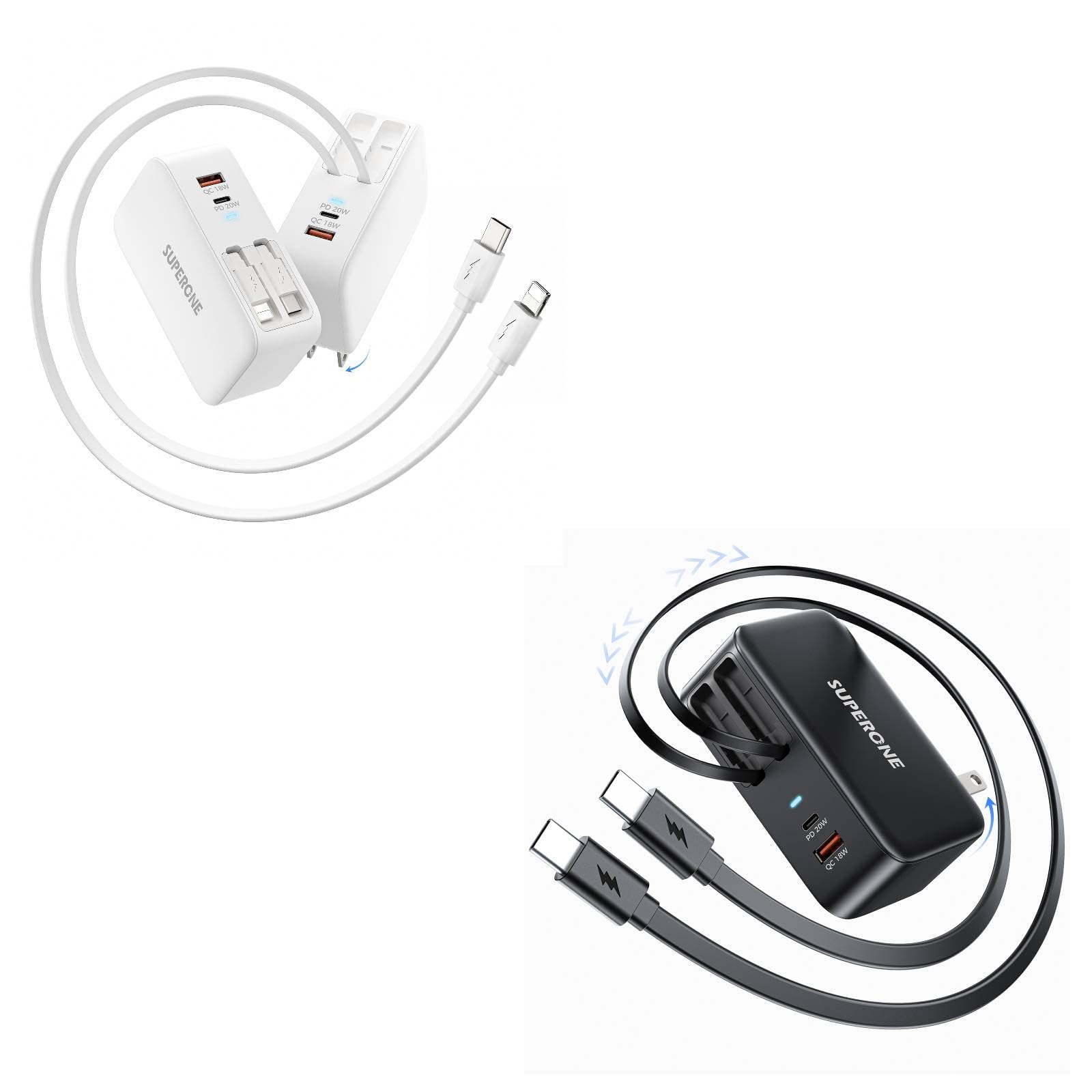 SUPERONE Retractable iPhone Charger 4 in 1 Retractable Wall Charger with Dual USB C Cables