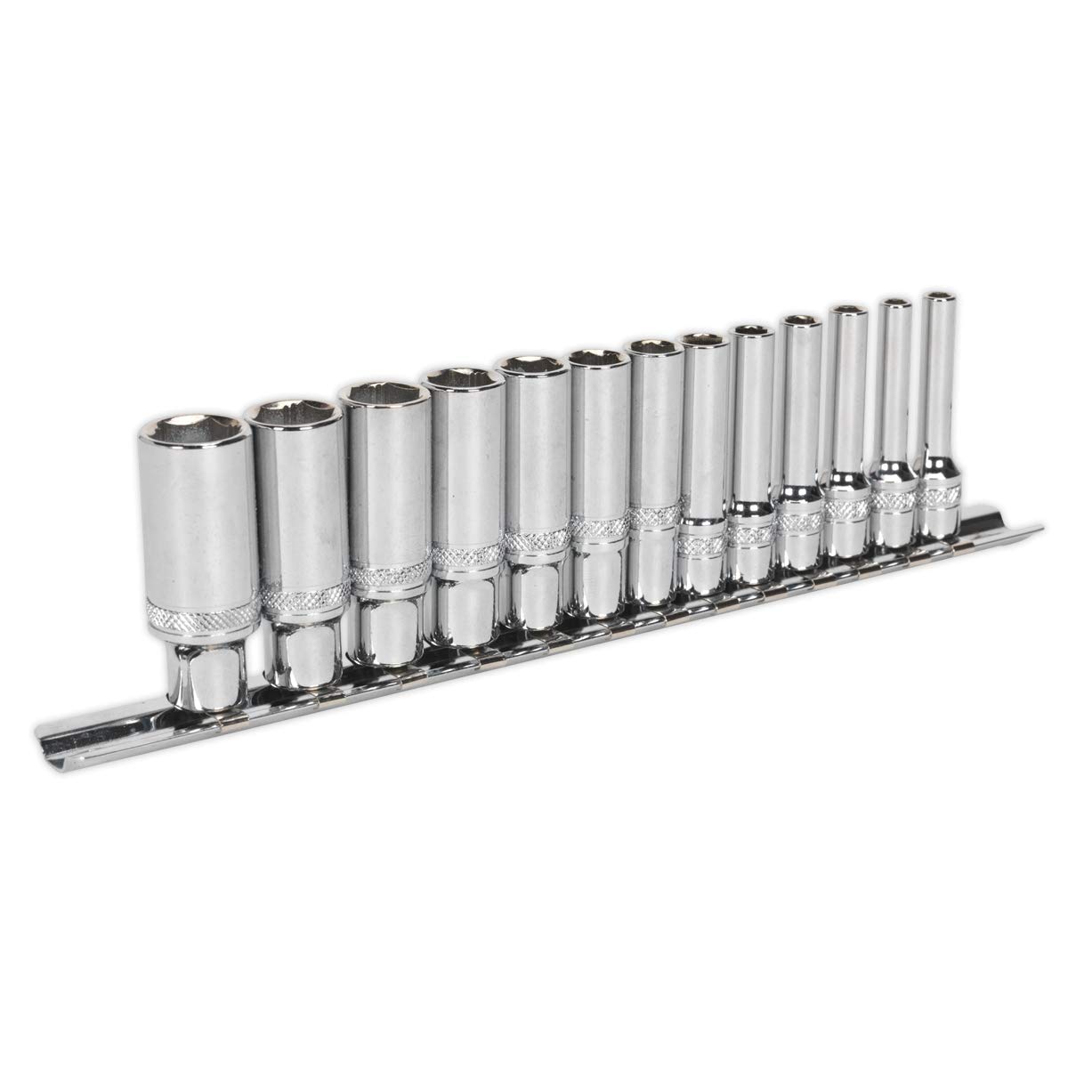 Sealey AK2747 Deep Sockets with Lock-On™ technology 1/4" Dr 4mm - 14mm on Rail