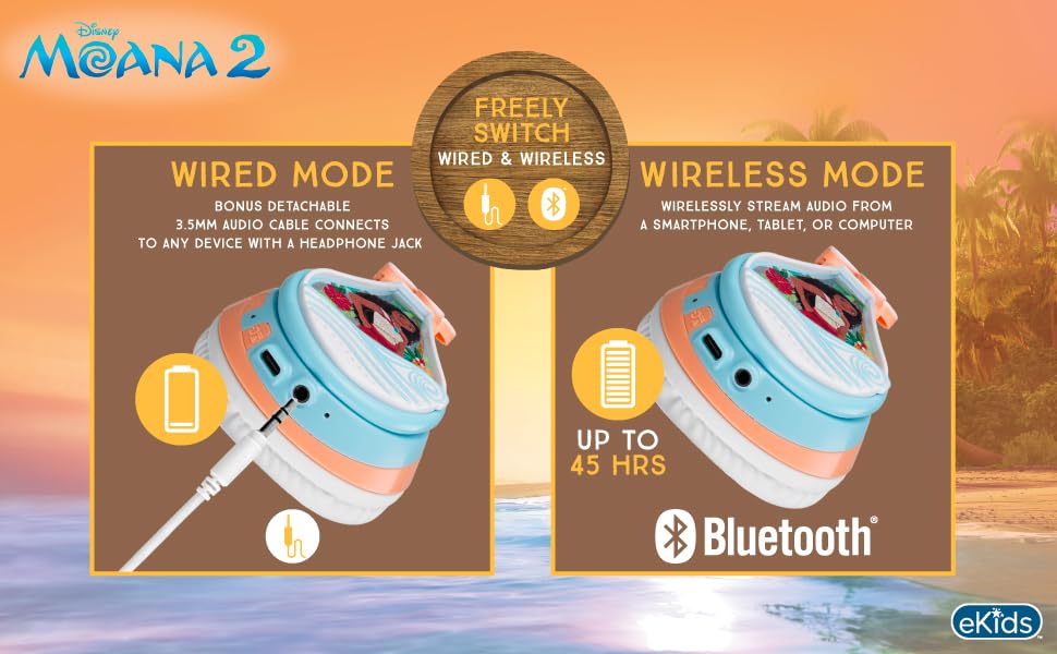 Image of Disney Moana 2 Bluetooth Headphones for Kids Wireless Headphones for School | Volume Reduced and Built-in Microphone