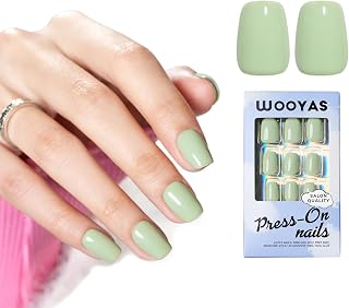 Wooyas Press on Nails Short Square, Matcha Green Handmade Nails by Soft Gel, Reusable Lightweight Natural Glossy Fake Nail in 12 Sizes - 24 Pcs Soft Gel False Nails Kit for DIY Home Manicure