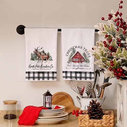 Miniatura 2 de ARKENY AD092 - Juego de 2 paños de cocina de Navidad, diseño de árbol de renos de búfalo negro, 18 x 26 pulgadas, decoración del hogar de granja