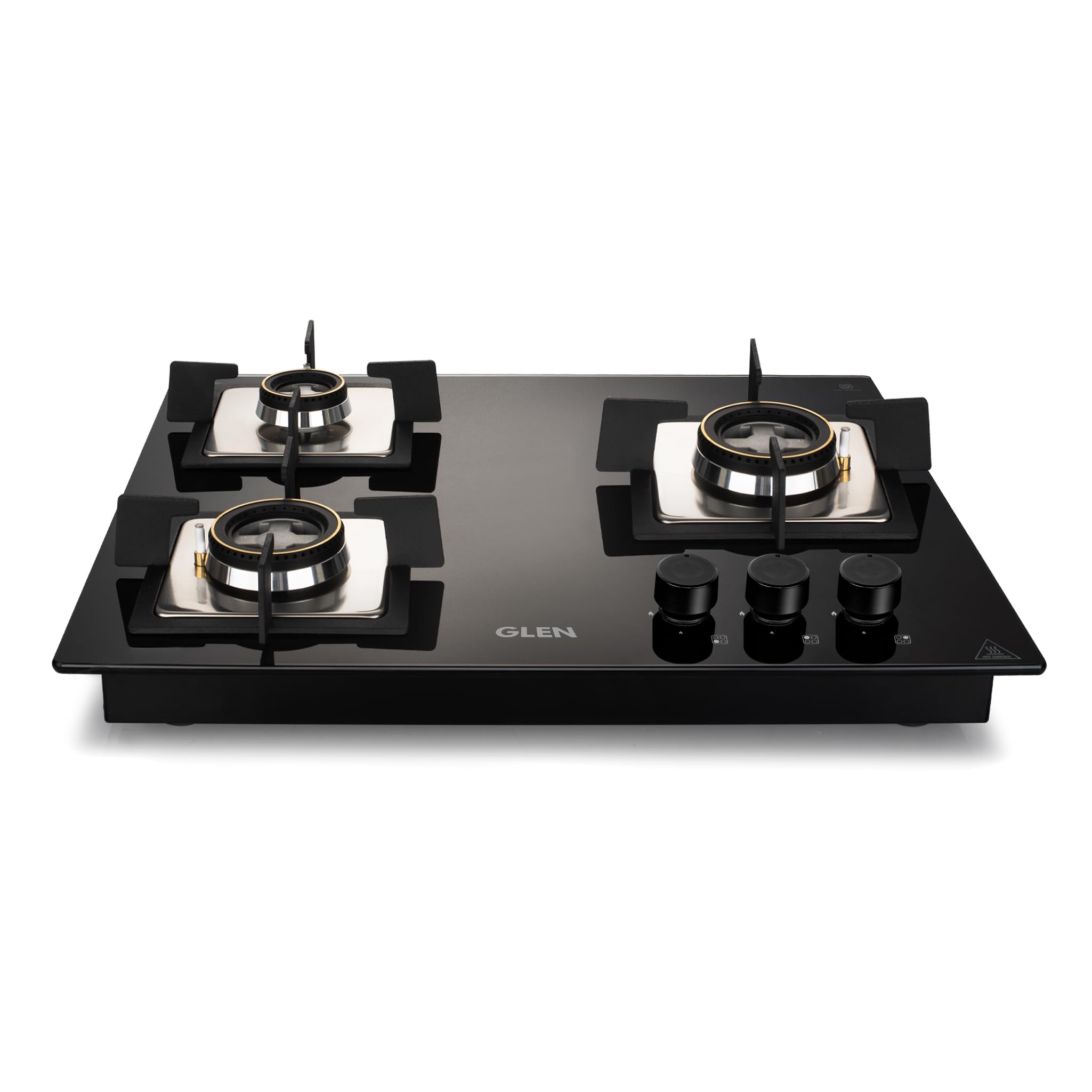Glen 3 Burner Built In Glass Hob | Auto Ignition | 8 MM Thick Toughened Glass Hob | Black | Double Ring Forged Brass Burners | Warranty 2 Years Standard & 5 Years Glass | 1063 SQ DB (BH1063SQDB)