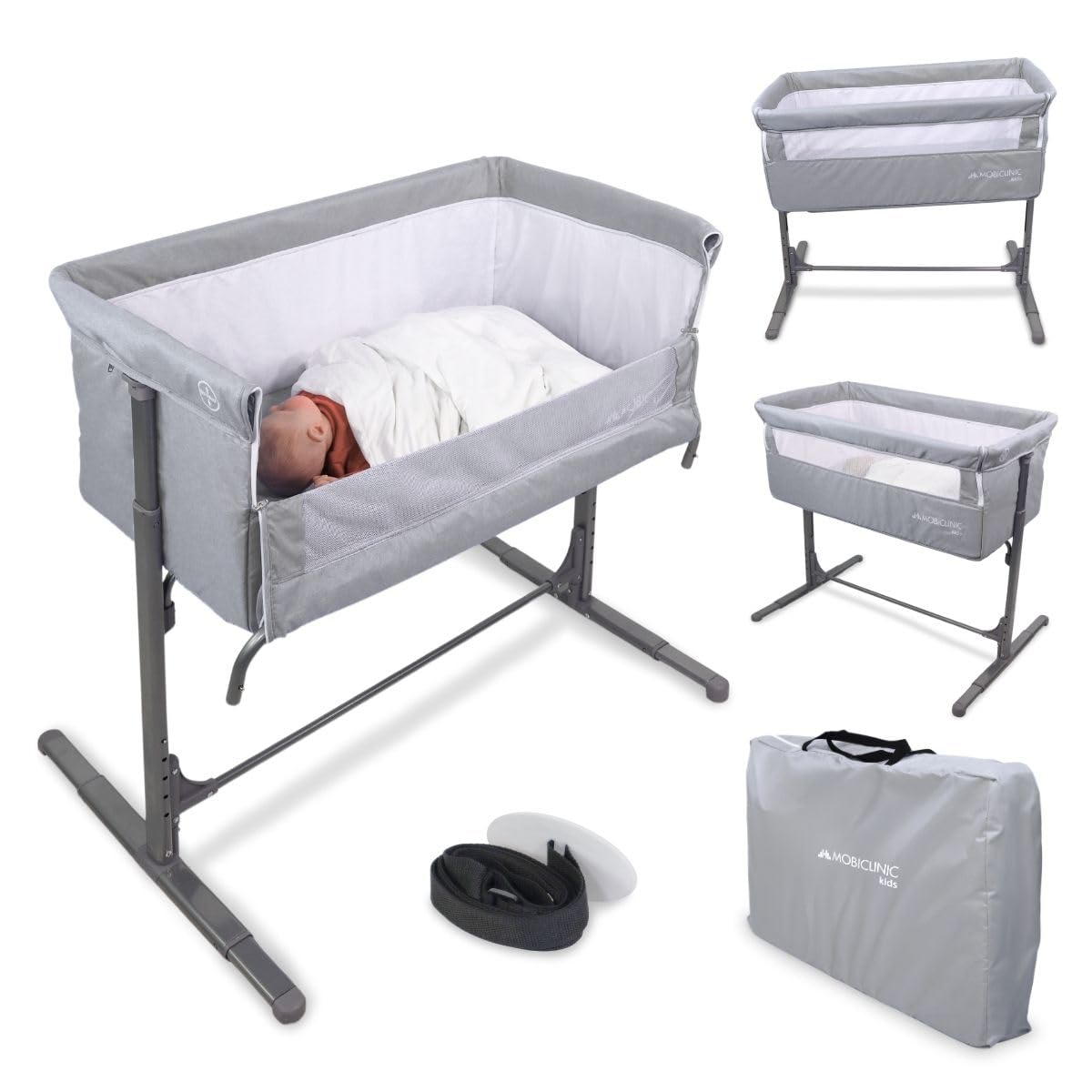 Mobiclinic®, Cuna colecho, 2 en 1, Moon, Sistema de Unión a la Cama, Regulable 5 Alturas, Bolsa Transporte, Incluye Ruedas, Malla Transpirable, Base Acolchada