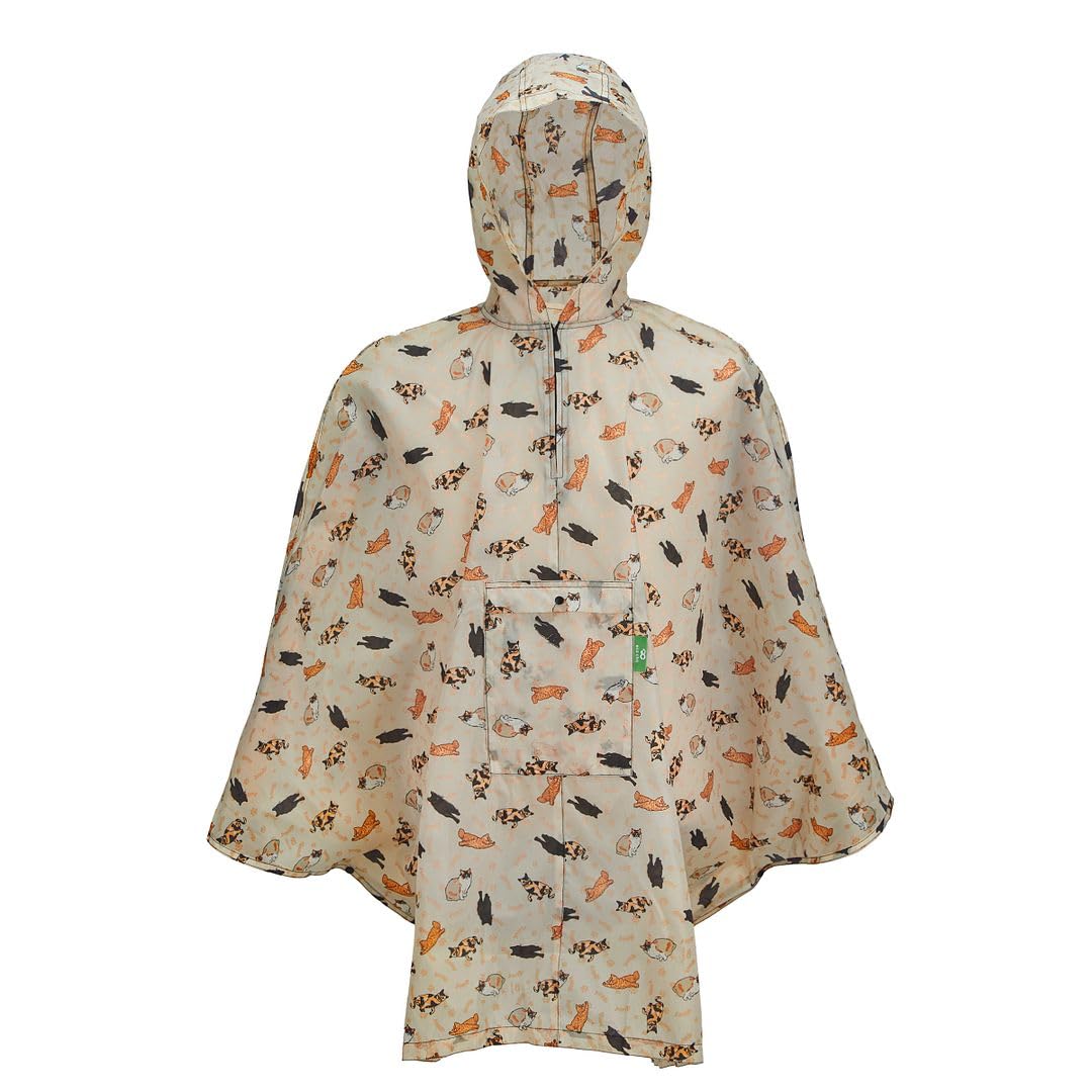ECO CHIC Waterproof Foldable Adult Poncho Lightweight Reusable Raincoat with Hood (Beloved Cats Beige)
