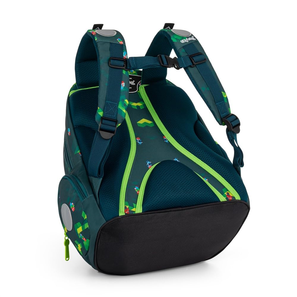OXY GO - Mochila escolar (3 piezas, para 1 a 3ª clase: mochila ergonómica, estuche y bolsa de gimnasia), con elementos reflectantes para mayor seguridad, ideal para niños, Mundo del juego