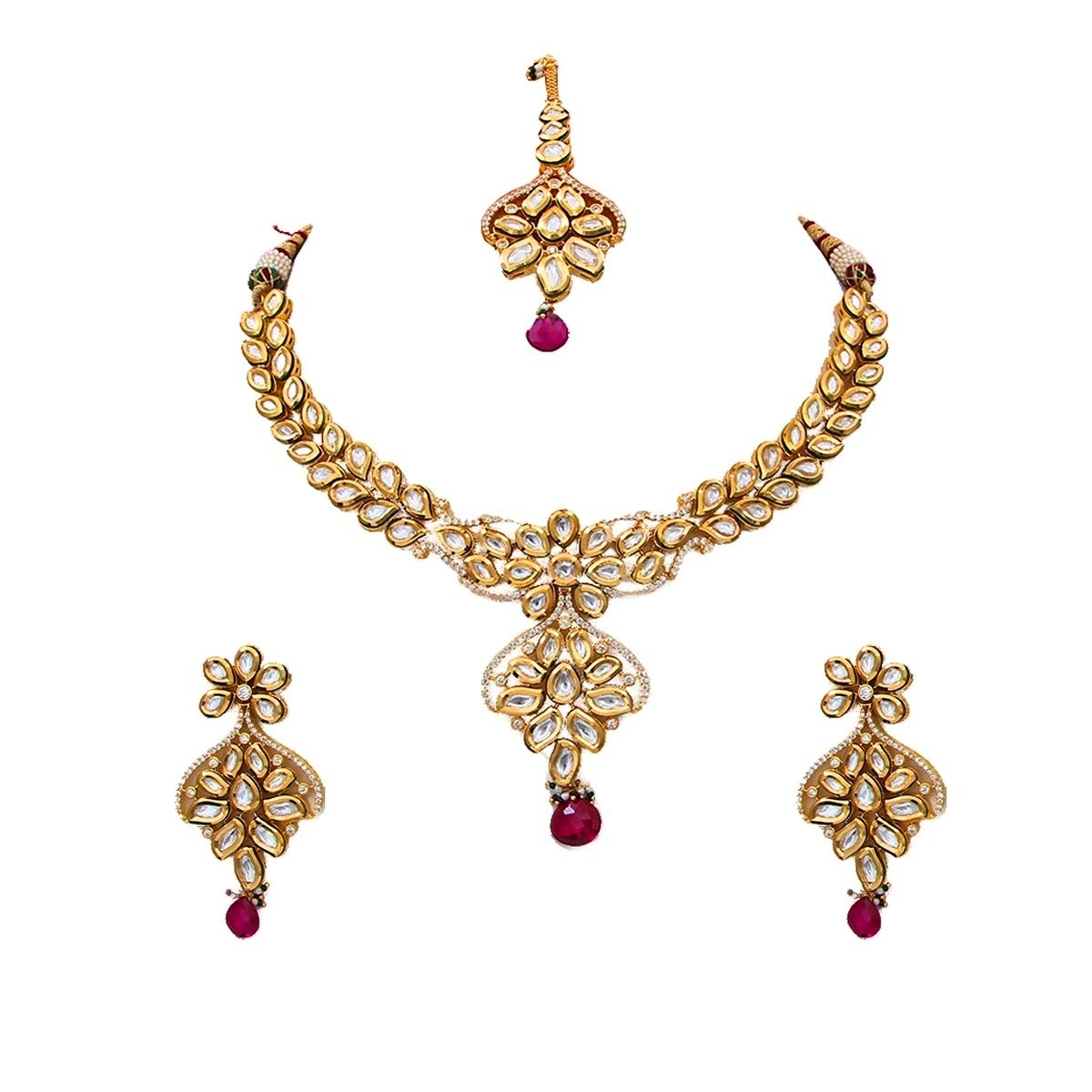 Kundan cobre mujer 18KGP circonita cúbica joyería fina pendientes collar roja 3