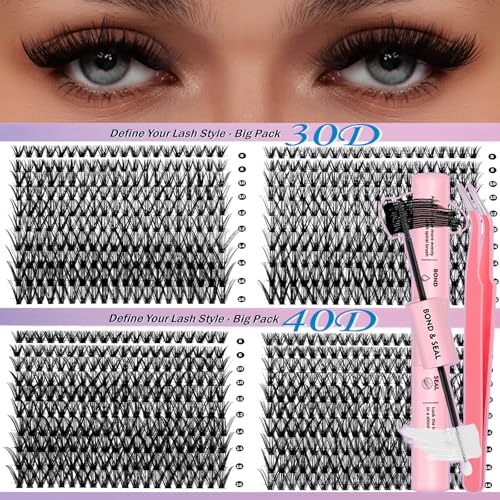 Lash Clusters Kit Wispy Lash Clusters 30D+40D Eyelash Clusters DIY Individual Lashes Clusters Kit 800pcs 8-16mm Self Adhesive Eyelashes Kit Thin Band Lash Bond and Seal Tweezers