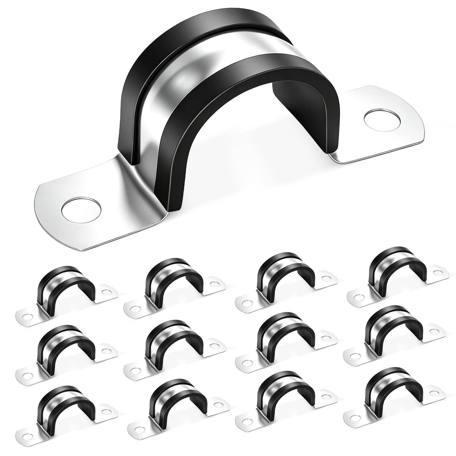 OSDUE 12PCS Pipe Strap Clamp, Ø 30 mm 304 Stainless Steel U Shaped Brackets Pipe Clamps, 2 Hole Conduits Clip with Rubber Lined Heavy Duty Pipes Clips for Water Pipes Gas Cable Hose Tube Pipes Fixing