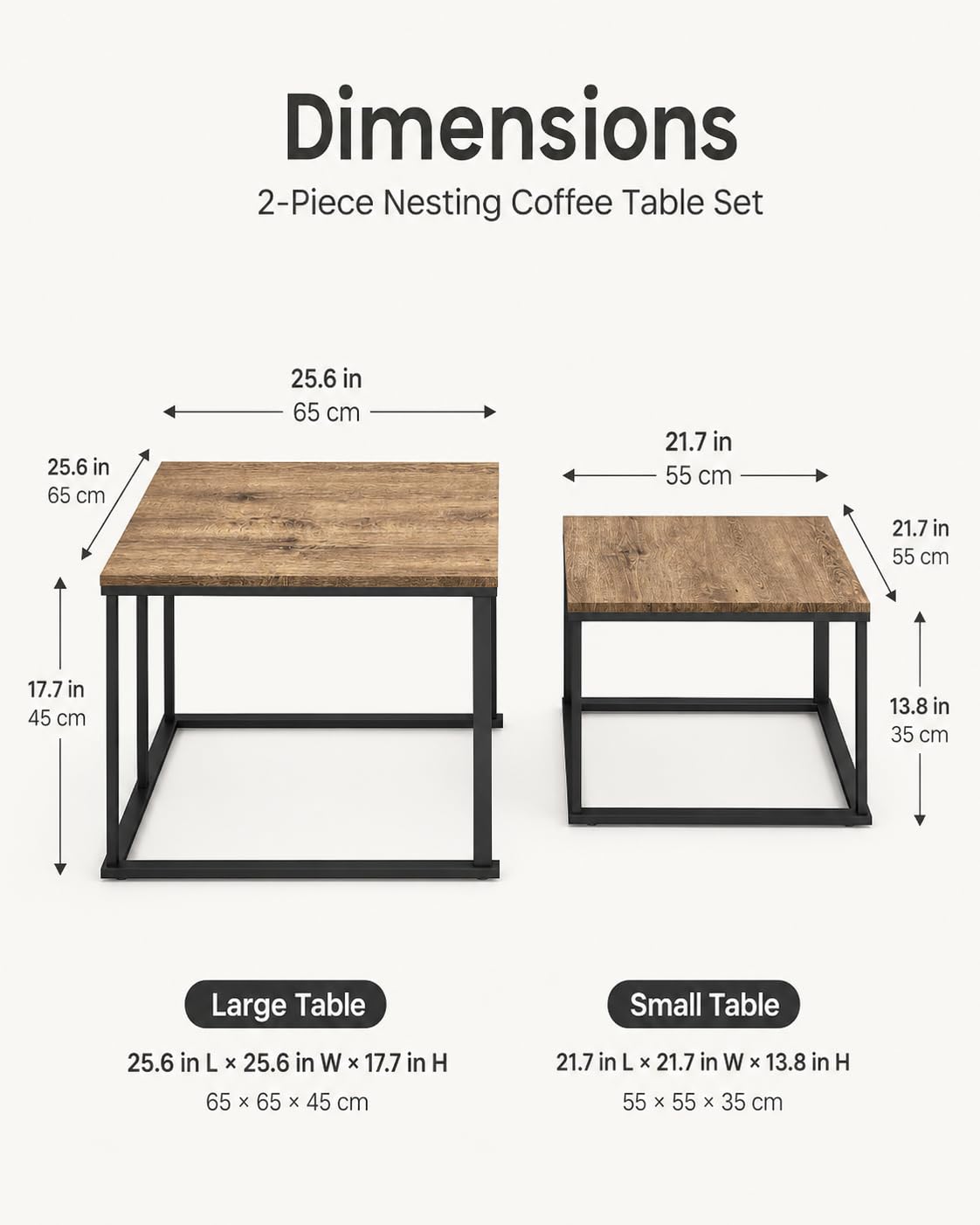 Mesa de Centro Madera Cuadrada Nido Set de 2 Mesas Auxiliares Salón Mesa Centro Pequeña Mesita de Centro Efecto Roble Negro con Marco Metálico para Salón Dormitorio Oficina