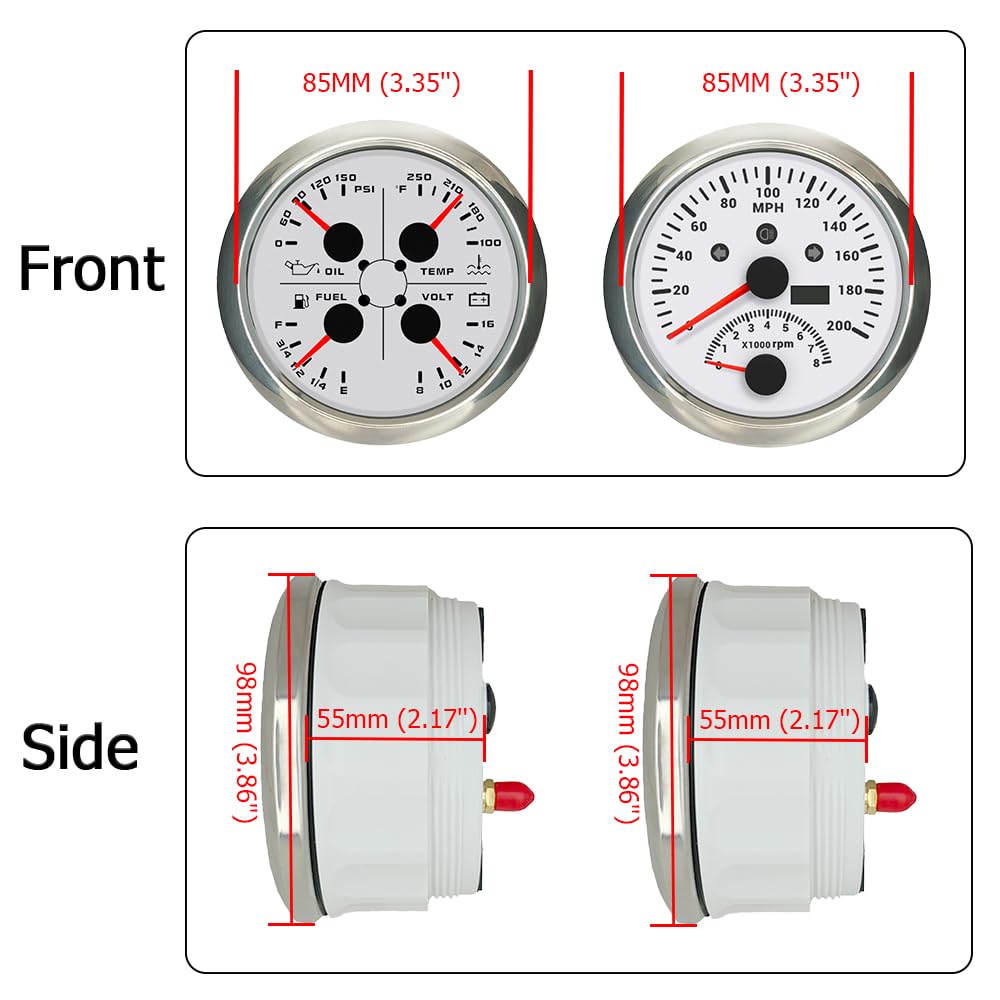 Medidor Tacómetro Odómetro 85 mm Medidor 2 en 1 200 mph con Velocidad del Motor con Pantalla multifunción Voltímetro de Temperatura del Agua 4 en 1