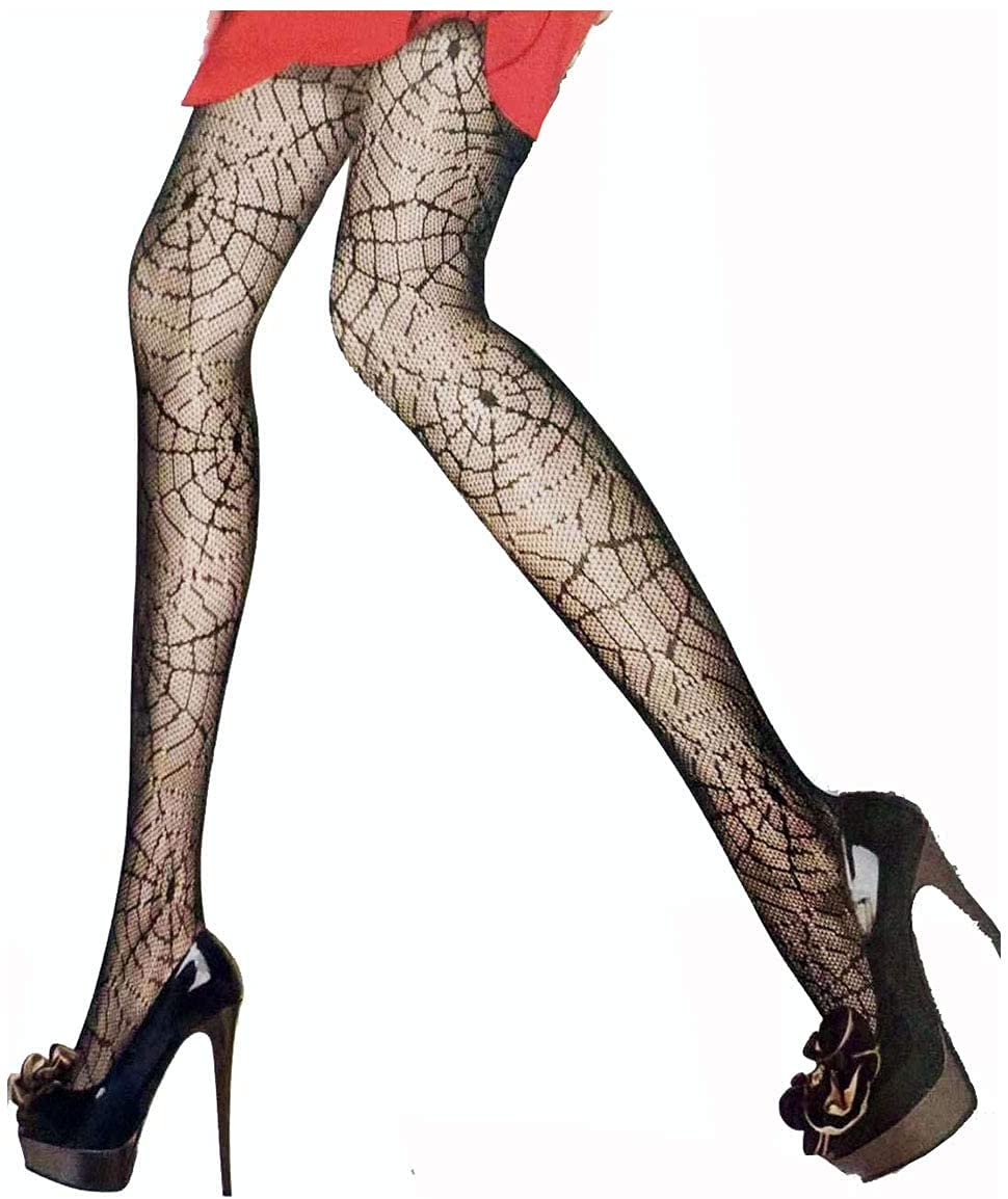 Laneko Women Fishnet Tights High Stockings Sexy Pantyhose Stockings Spider Skull Web Lace Tight Socks Halloween Dress Costume Accessory