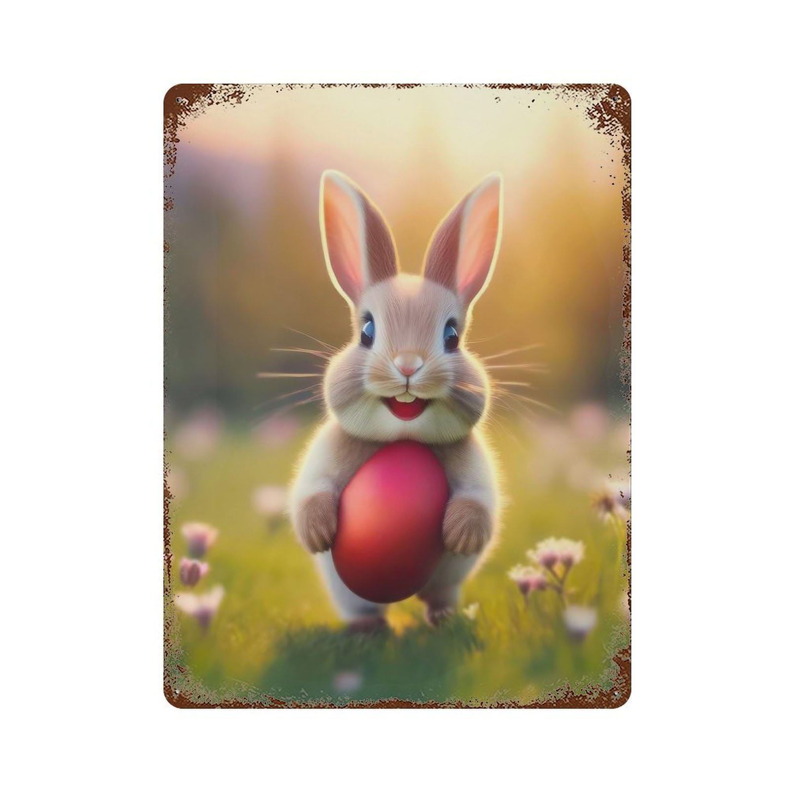 Rust Effect Easter Bunny with Red Egg Rustic Tin Plaque 15.7"x11.8", Industrial Home Decor for Bistro, Counter And Cafe Decor
