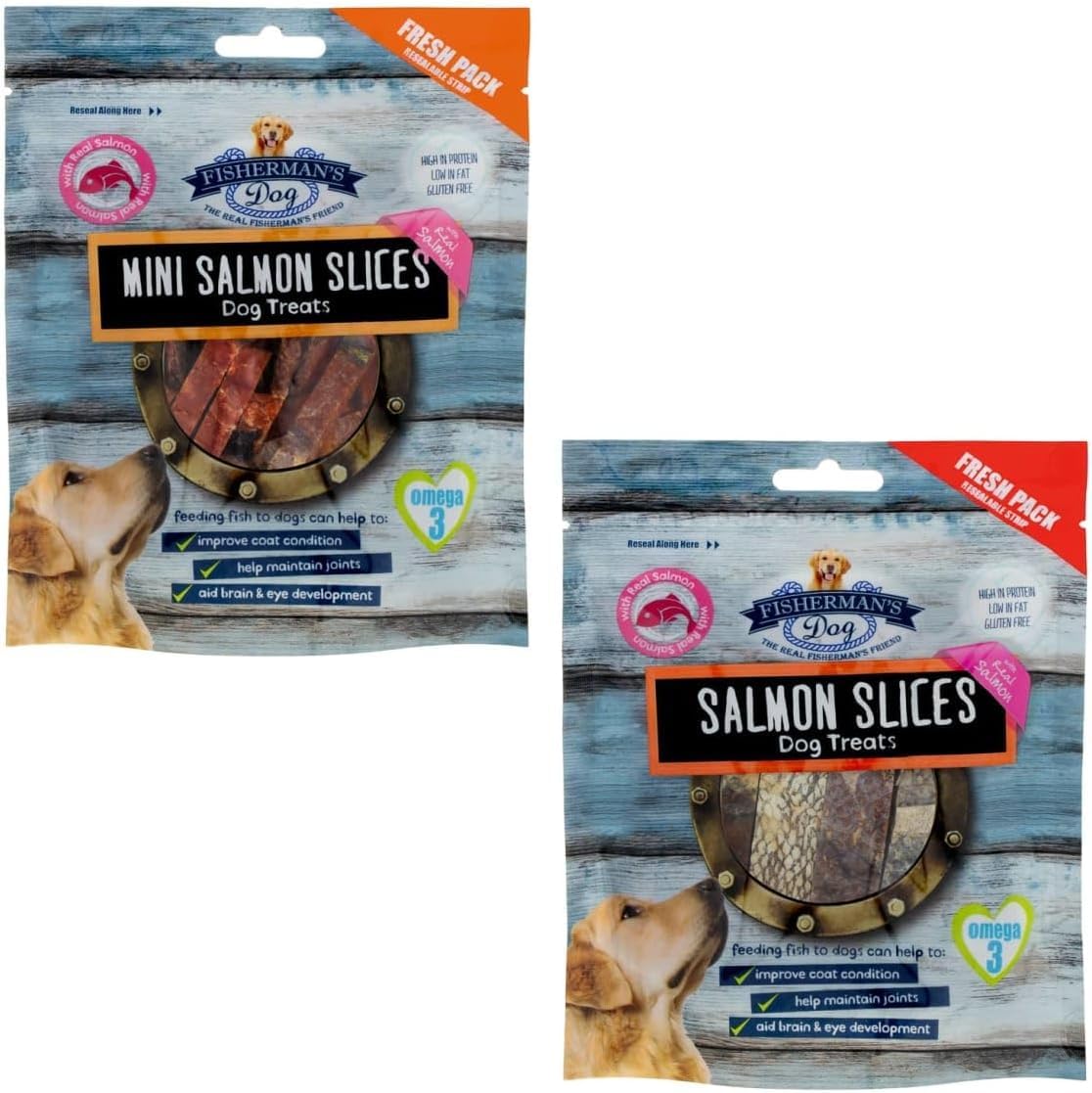 Fisherman's Dog Treats 100g x 2 Pack | Natural Fish Dog Treats | High Protein Low Fat Gluten Free | Healthy Reward Treats for Dogs of All Breeds (Mini Salmon Slices+Salmon Slices)