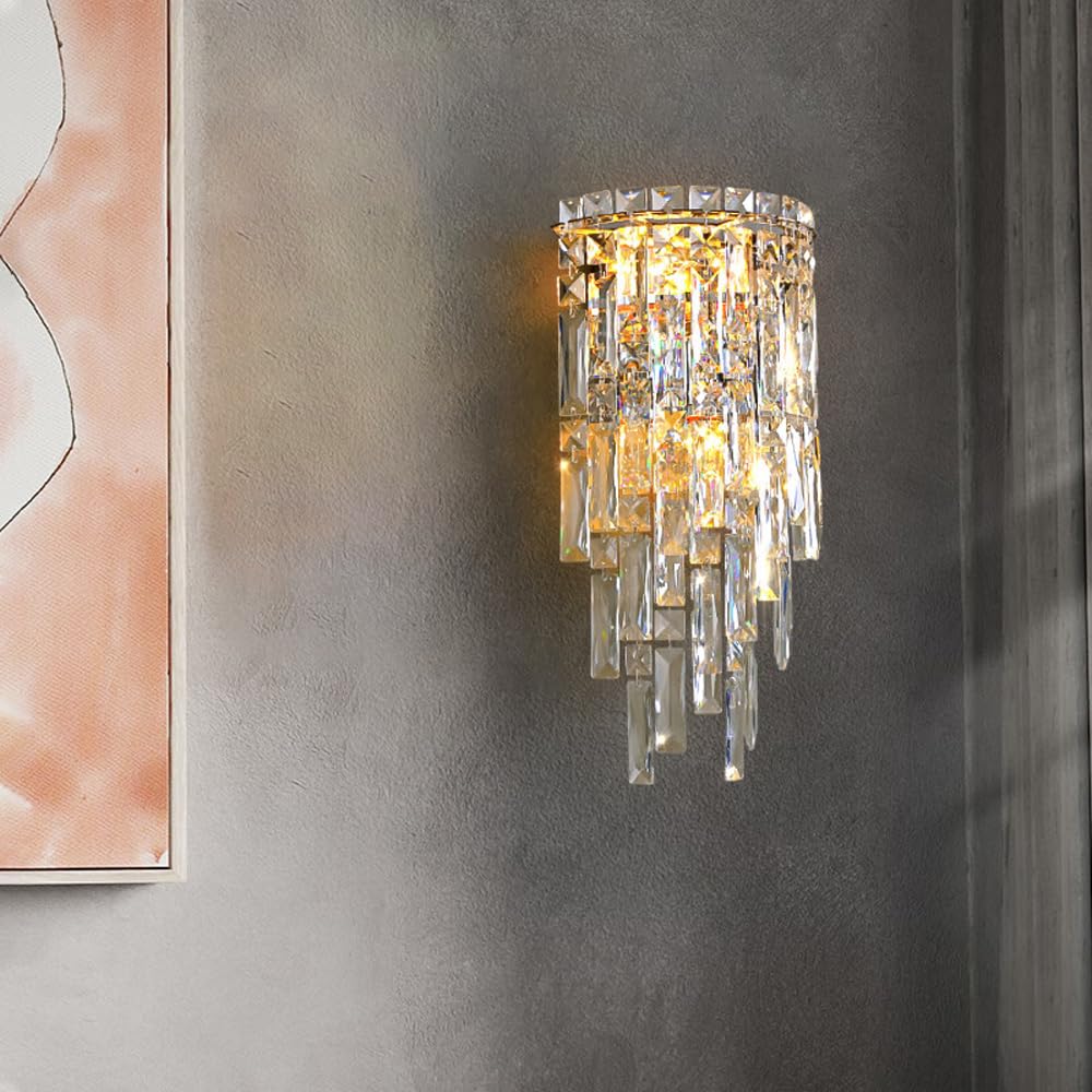 Aplique de pared de cristal cromado para chimenea Lámparas de pared de cristal modernas Iluminación de pared de pasillo de lujo interior Lámpara montada en la pared del dormitorio para sala de